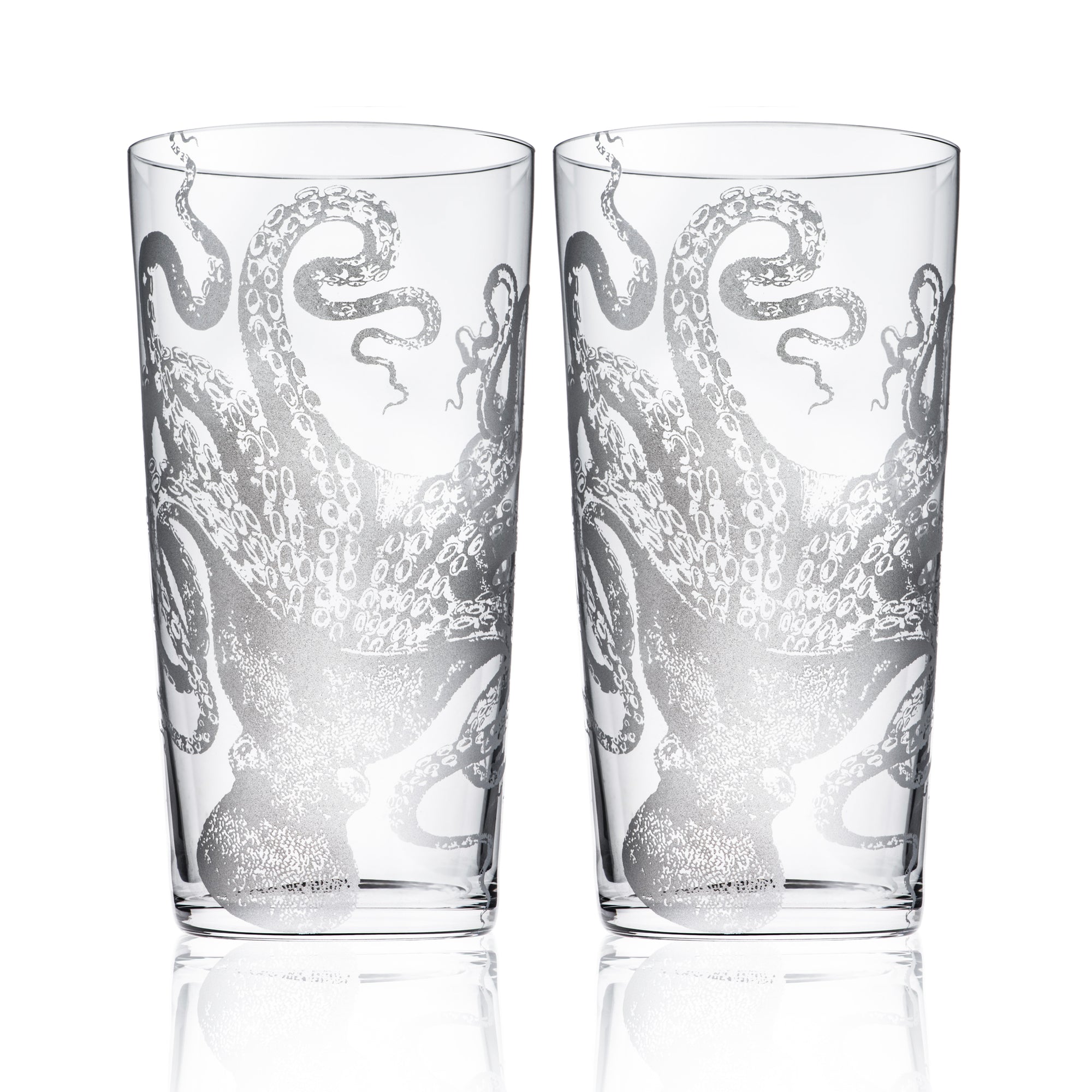 Two clear glasses with octopus tentacle designs.