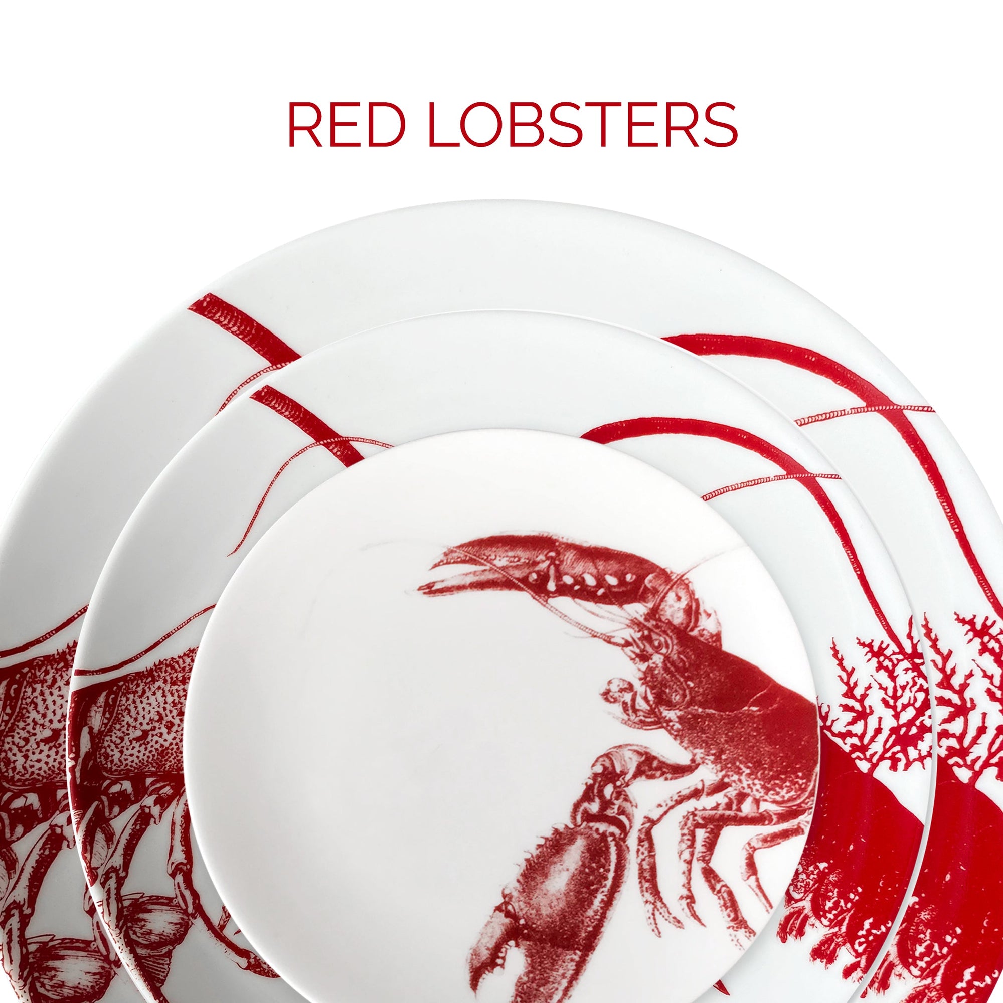 Stack of white plates with red lobster designs, some featuring detailed images of lobsters and others with red coral patterns, titled "red lobsters.
