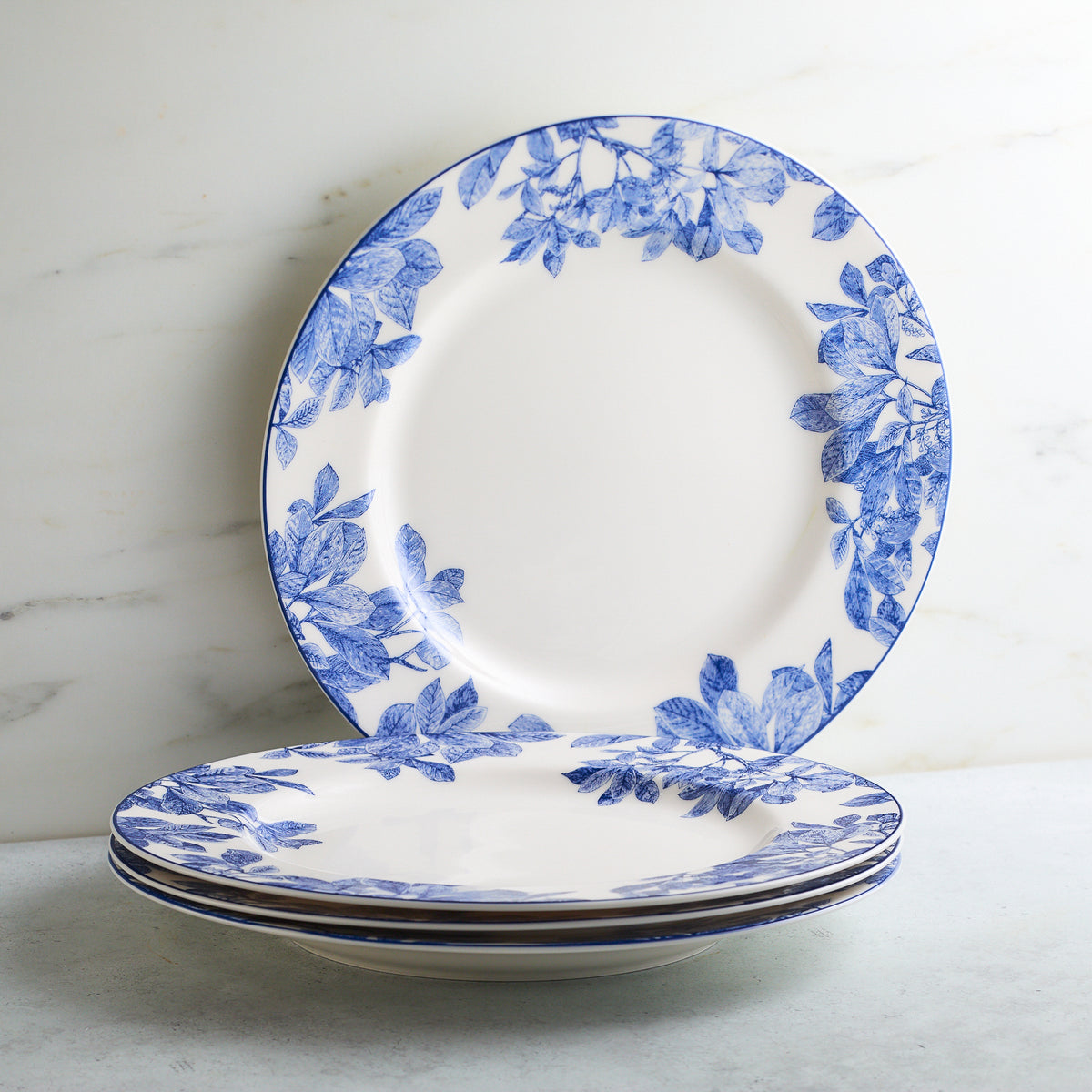 A stack of Arbor Rimmed Dinner Plates by Caskata Artisanal Home, featuring white porcelain plates with delicate botanical details in blue on the rim, placed on a marble surface.