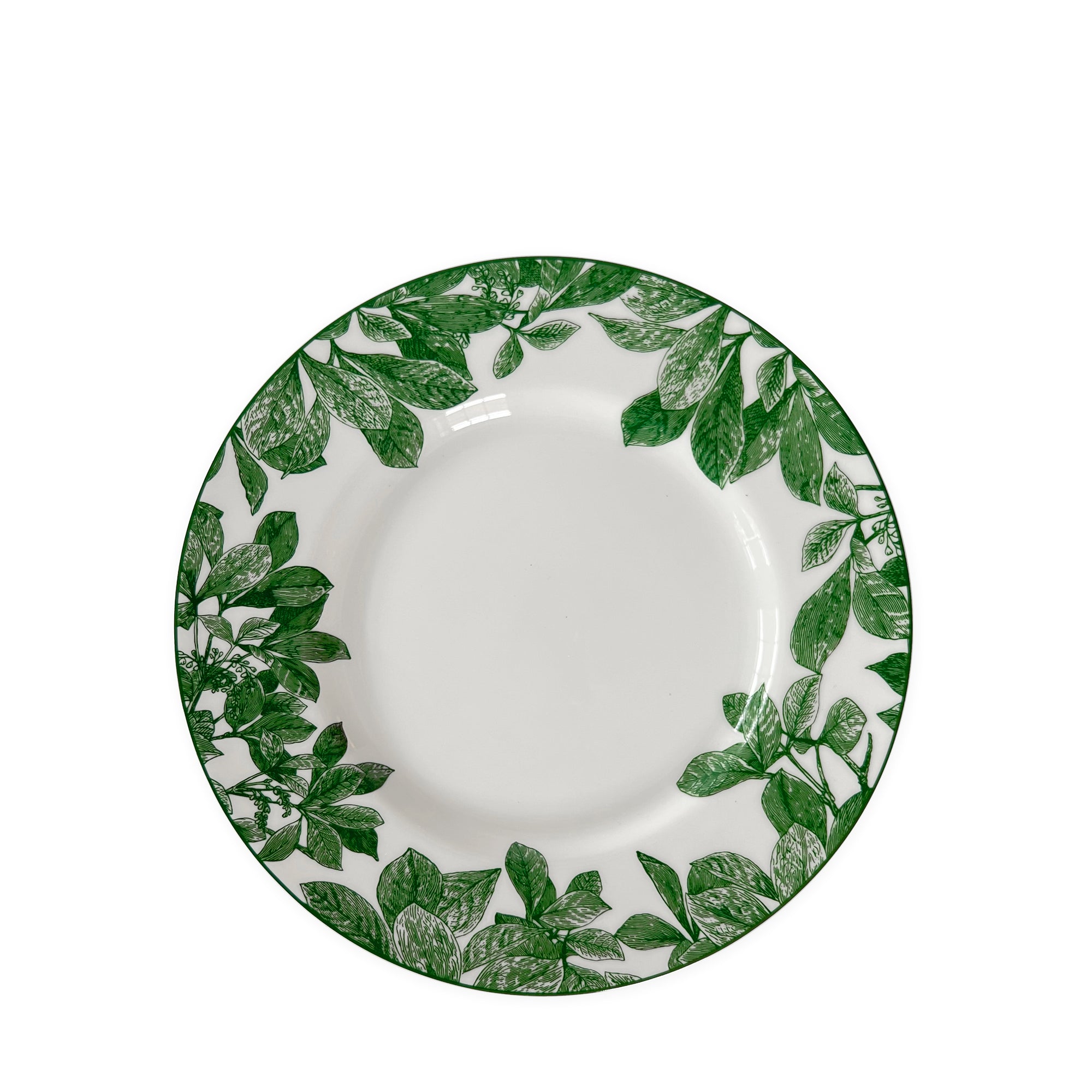 Arbor Green Rimmed Salad Plate with a green leafy pattern around the rim, crafted from premium porcelain, ideal for your Caskata Arbor collection.
