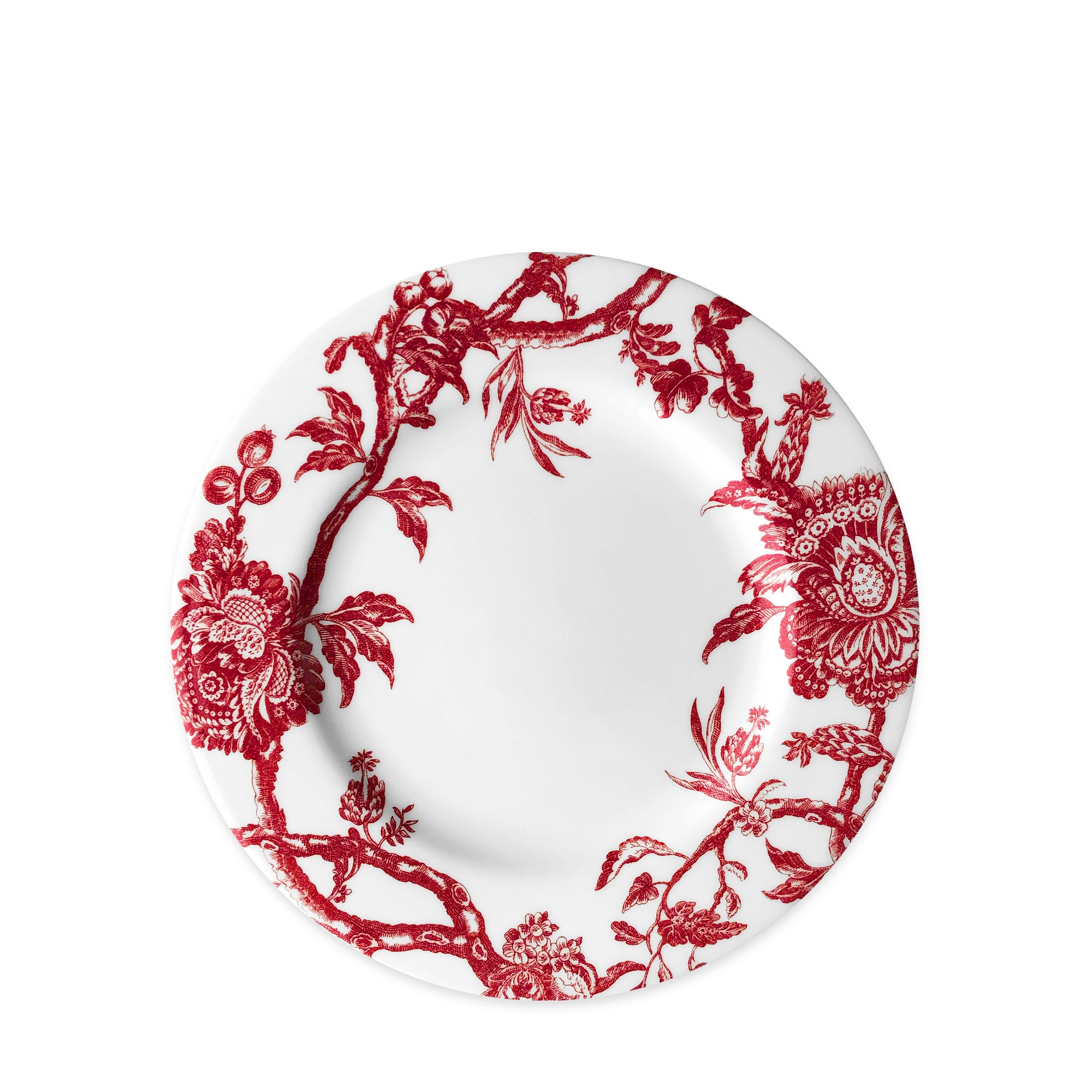 A Caskata Artisanal Home Arcadia Crimson Rimmed Salad Plate with a decorative red floral and branch pattern along the rim, crafted from premium porcelain dinnerware. It offers an heirloom feel while being dishwasher and microwave safe for everyday convenience.