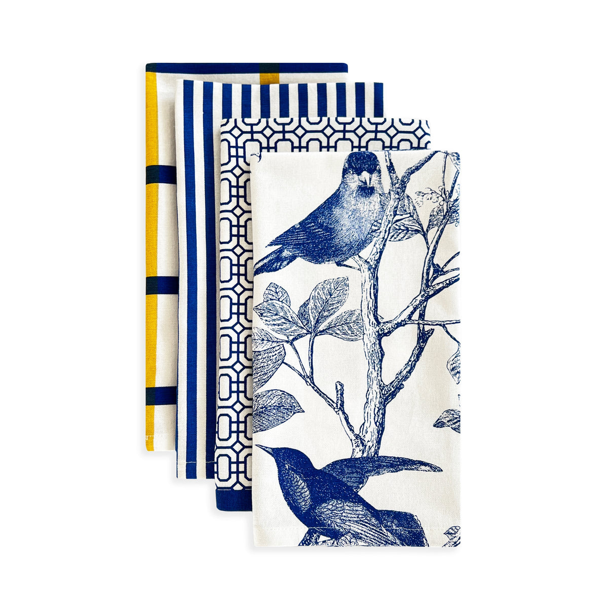 A stack of Caskata Pinstripe Dinner Napkins in Blue Set/4 with birds on them.