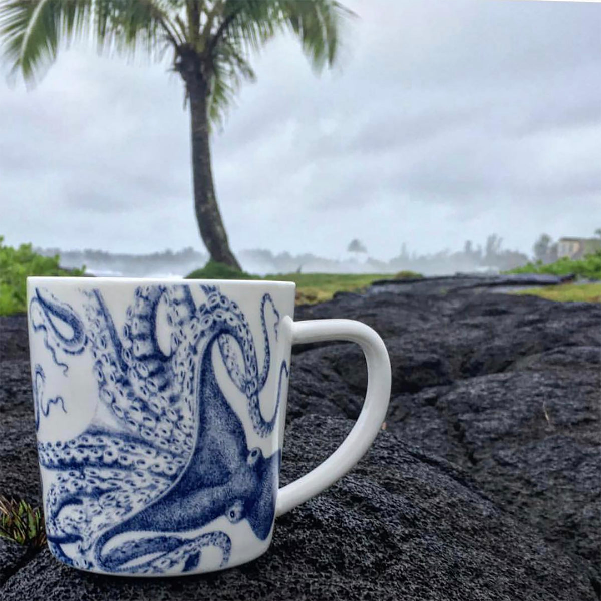 A premium porcelain *Lucy Mug* from *Caskata Artisanal Home* with a blue design sits on a rocky surface, its backdrop featuring a blurred palm tree and an overcast sky. Dishwasher and microwave safe, this elegant piece adds charm to any setting.