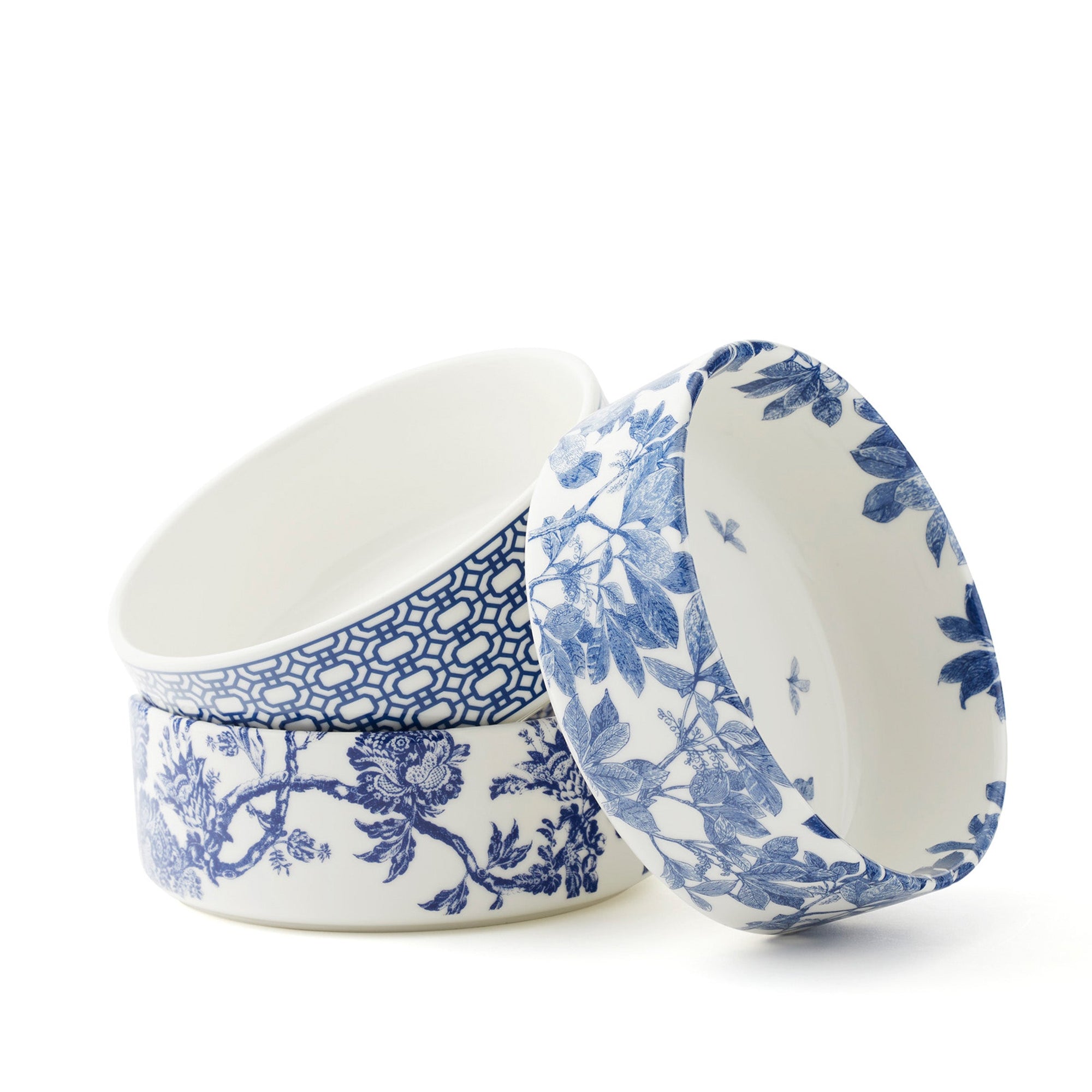 Newport Garden Gate blue and white premium porcelain medium pet bowl from Caskata.