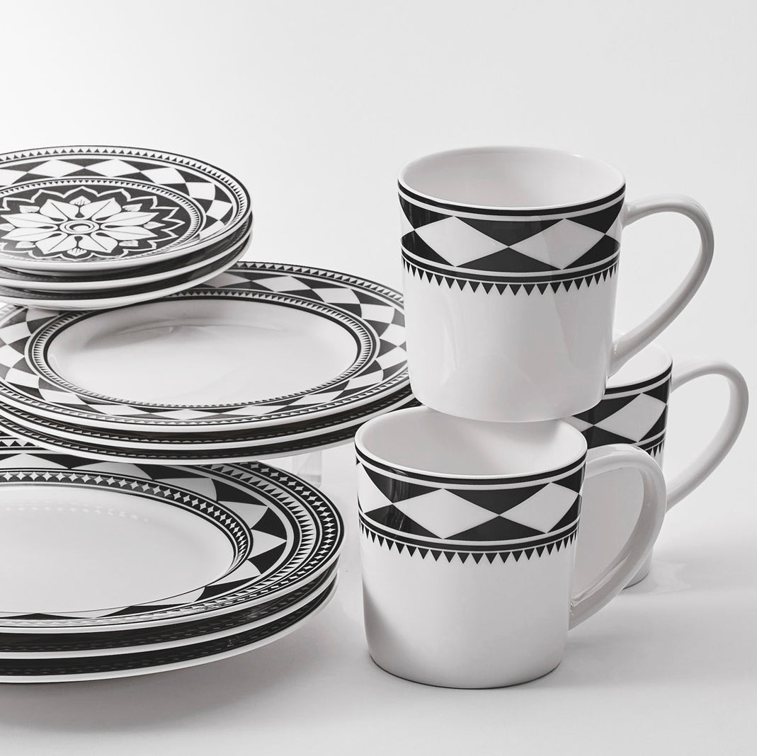 16 piece dinnerware set in black and white porcelain, Fez geometric pattern from Caskata