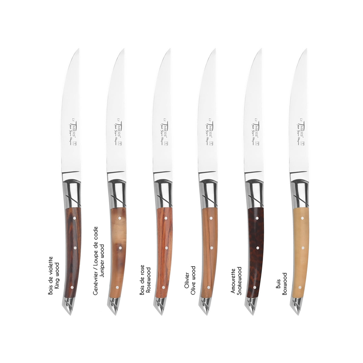 A group of high-quality Goyon-Chazeau Mixed Wood Le Thiers Steak Knives Boxed Set/6 with wooden handles, including the Le Thiers knife and Goyon-Chazeau. Perfect for any cutlery enthusiast in the world.