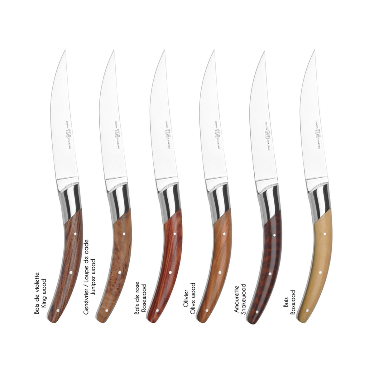 A Goyon-Chazeau Styl&#39;ver Mixed Wood Steak Knives Boxed Set/6 with different colors and woods from France.