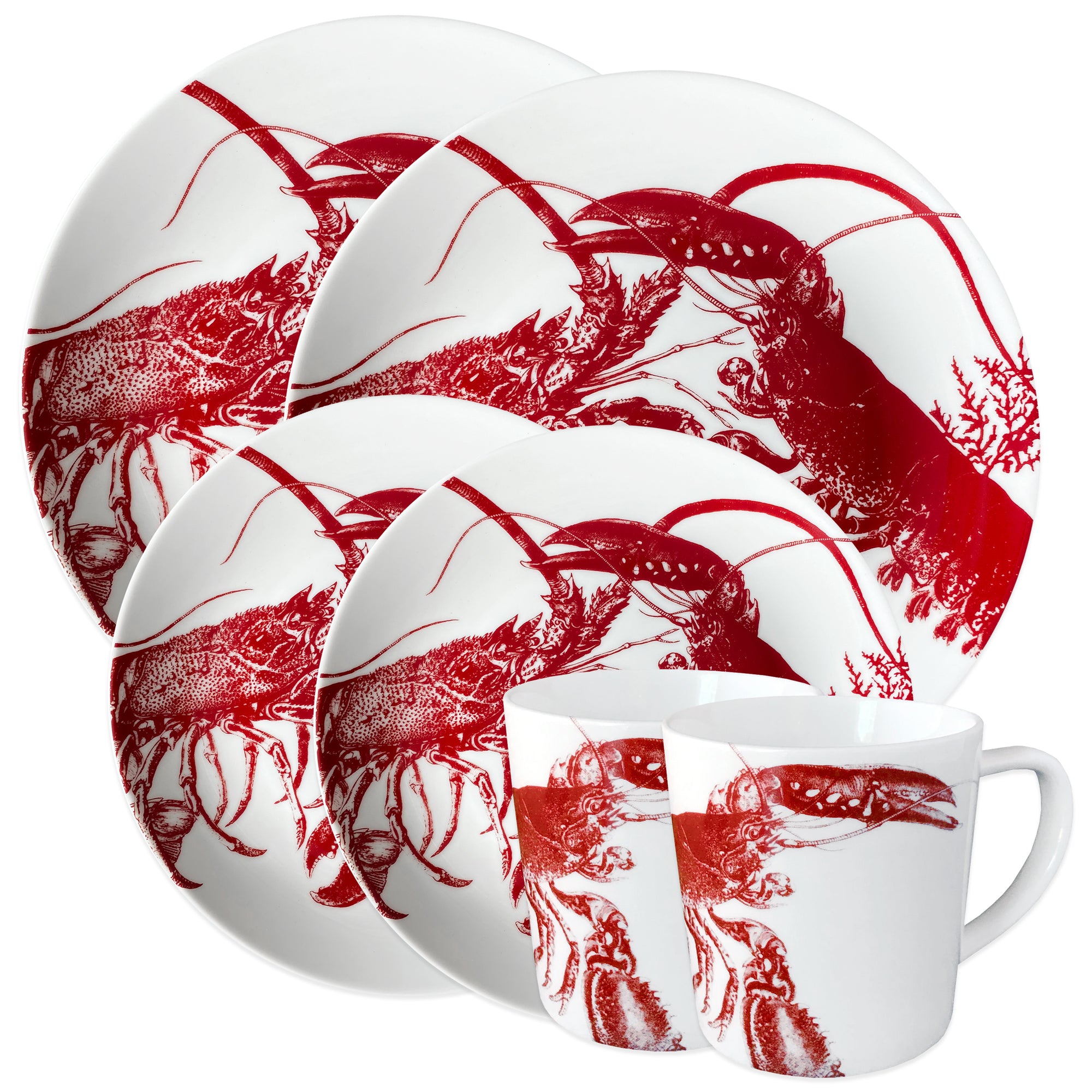 Lobster Red and White Porcelain Dinnerware set for 2 with 2 Dinner Plates, 2 Salad Plates, and 2 Mugs from Caskata
