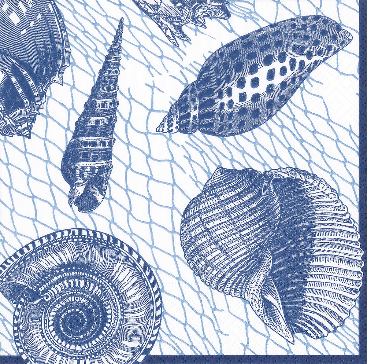 A blue and white drawing of Shells &amp; Nets Cocktail Napkins, inspired by the beauty of the ocean, by Caskata Artisanal Home.