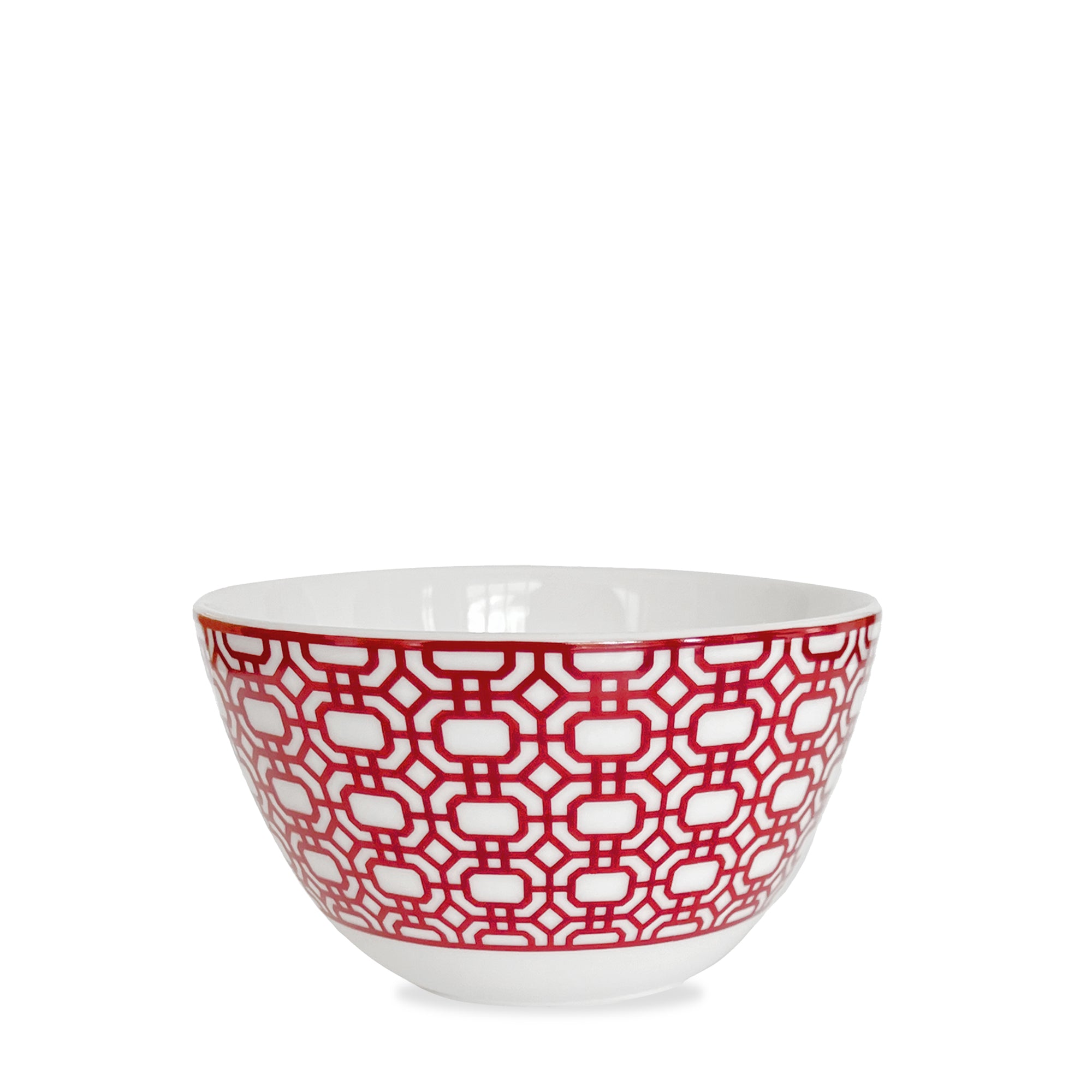 A Caskata Newport Crimson Cereal Bowl featuring a red geometric pattern on the exterior, inspired by the Newport Garden Gate design.