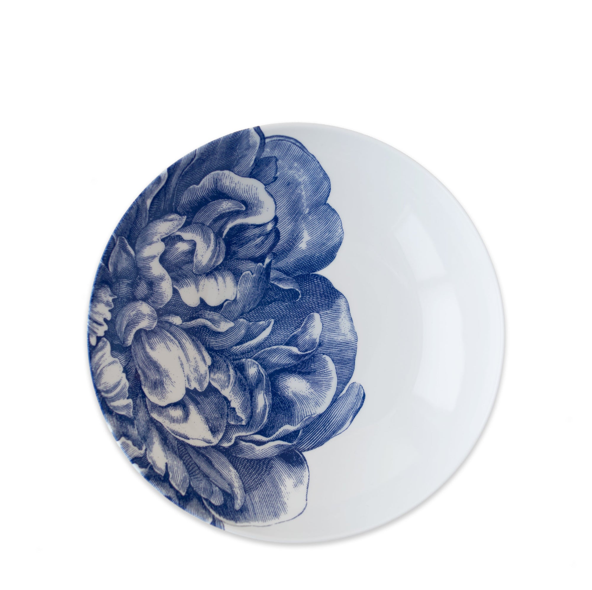 A white premium porcelain Peony Coupe Soup Bowl featuring a detailed blue peony dinnerware design, isolated on a white background by Caskata Artisanal Home.
