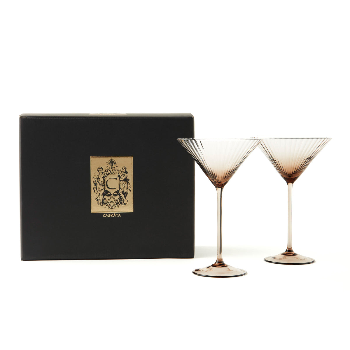 Quinn Mocha Martini Glasses are beautifully packaged in a black with gold emblemed gift box.