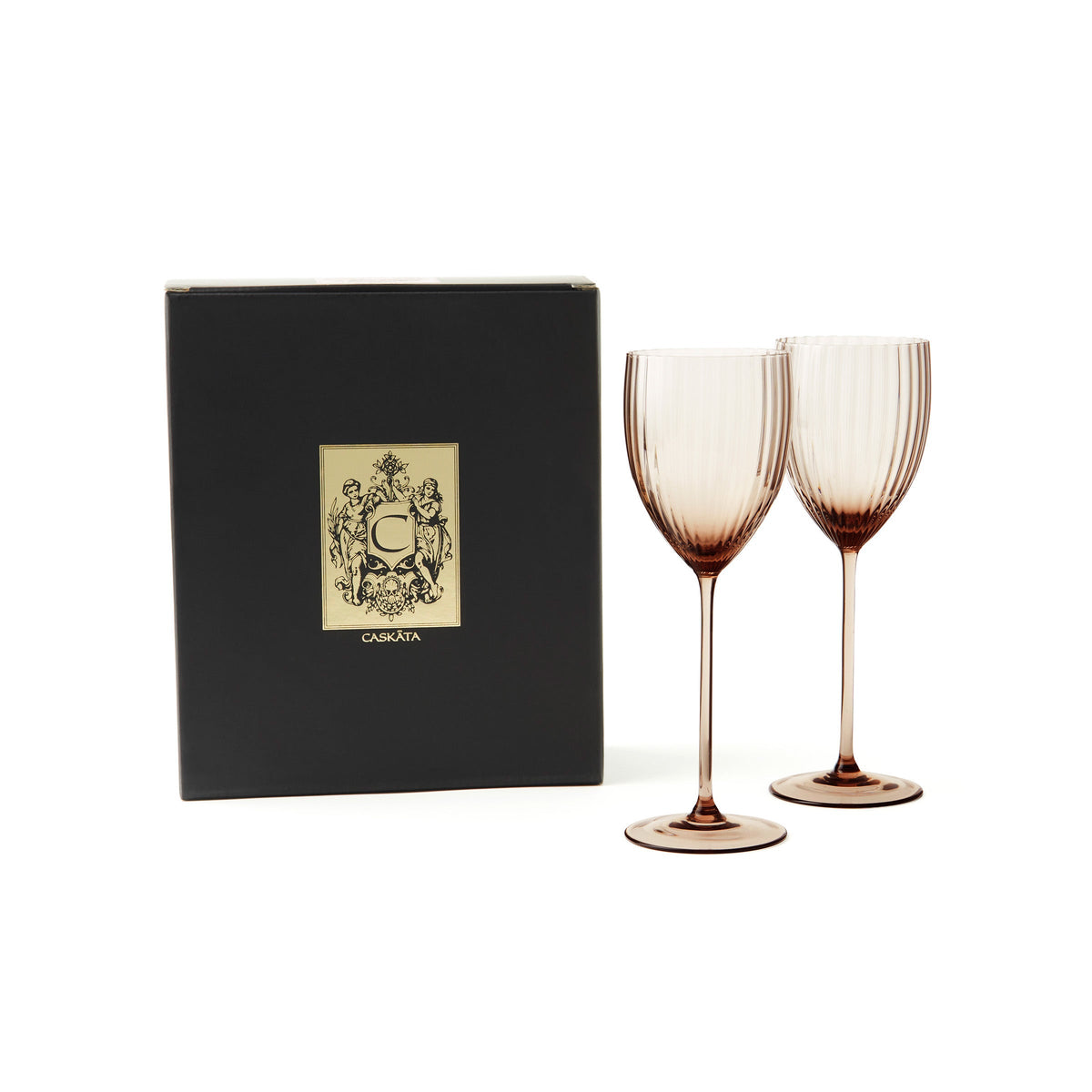 Quinn Mocha White Wine Crystal Stemware Set of 2 glasses with gold and black gift box from Caskata
