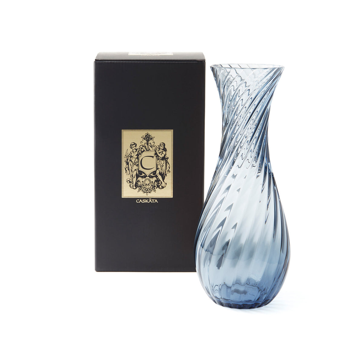 Quinn Ocean Blue Mouth-Blown Carafe from Caskata with black and gold gift box