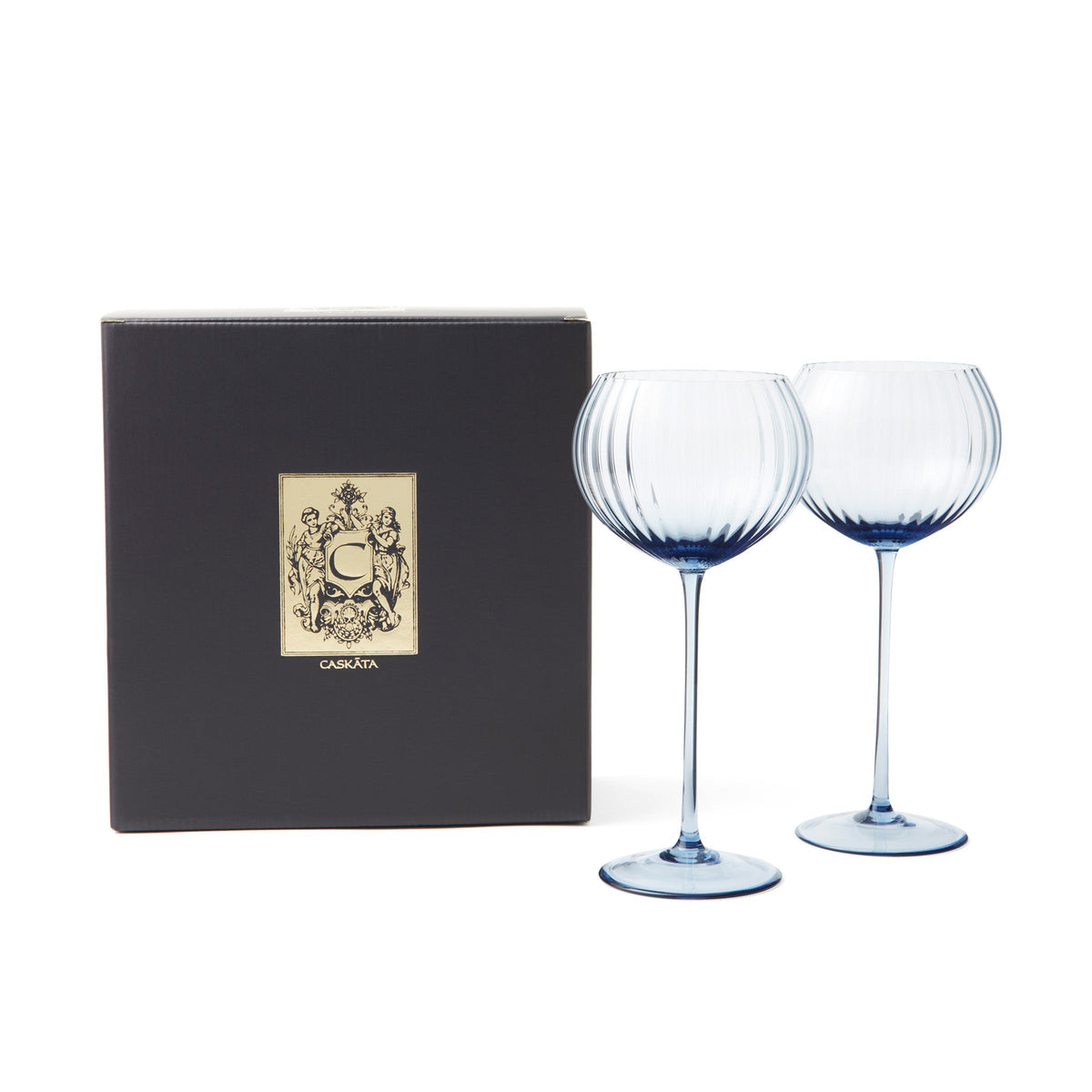 Quinn Ocean Blue Mouth-Blown Red Wine Glasses with gold and black gift box from Caskata 