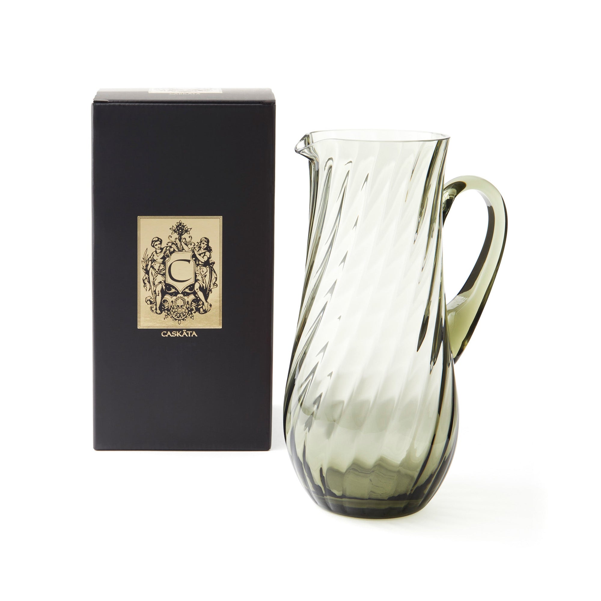 Quinn optic crystal pitcher in smoky green, mouth blown from Caskata