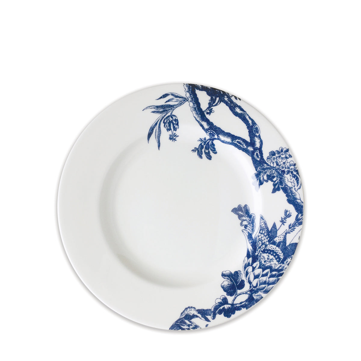 A white ceramic plate with a blue floral and branch design along the rim, this premium porcelain Arcadia Rimmed Salad Plate is part of the exquisite Caskata Artisanal Home dinnerware collection.