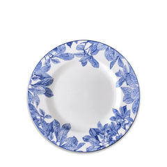 A premium porcelain Arbor Rimmed Salad Plate with blue botanical patterns around the rim, evokes an heirloom feel from Caskata Artisanal Home.