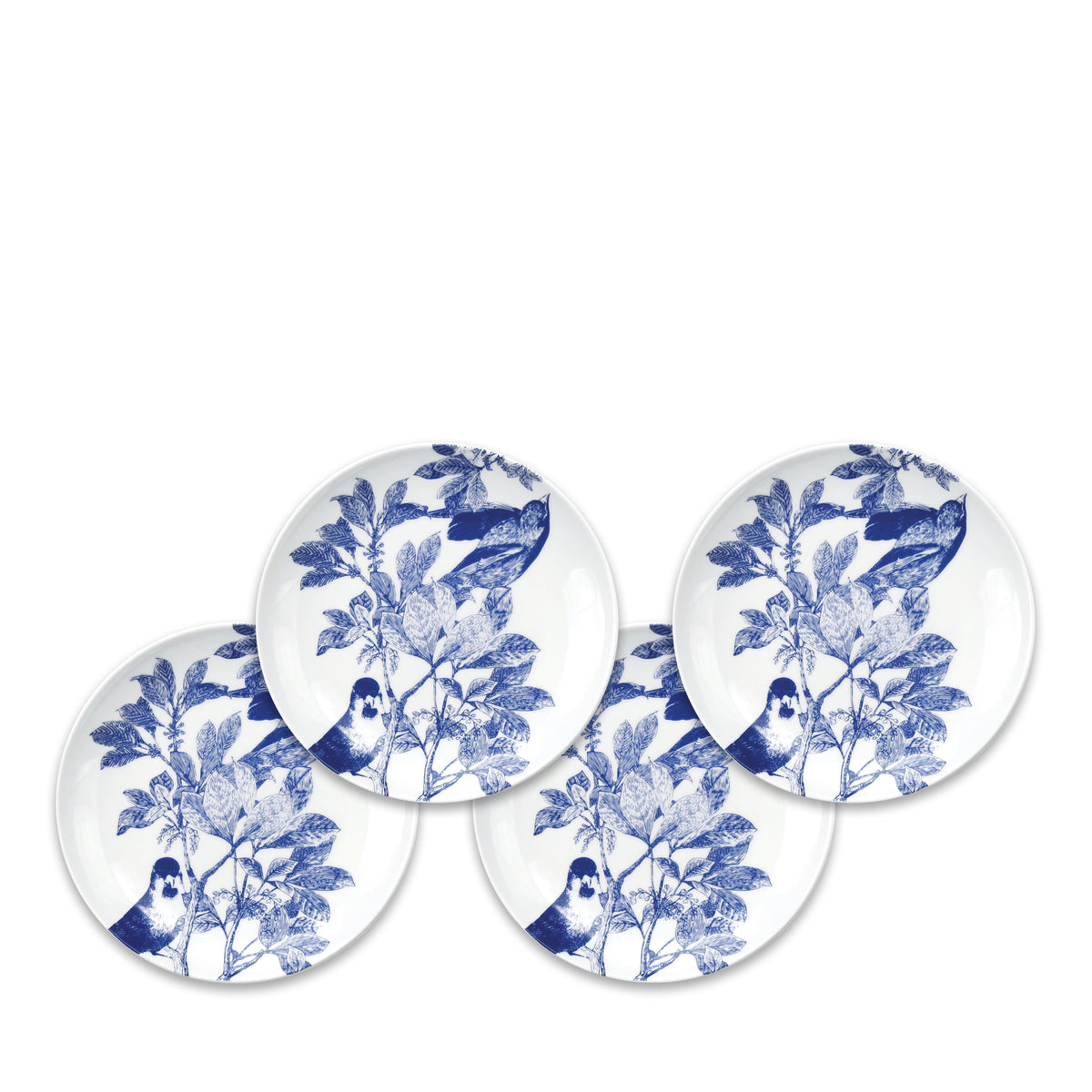 Four Caskata Artisanal Home Arbor Blue Birds Small Plates, with a blue design of birds and botanical details on leafy branches, crafted from heirloom-quality porcelain.