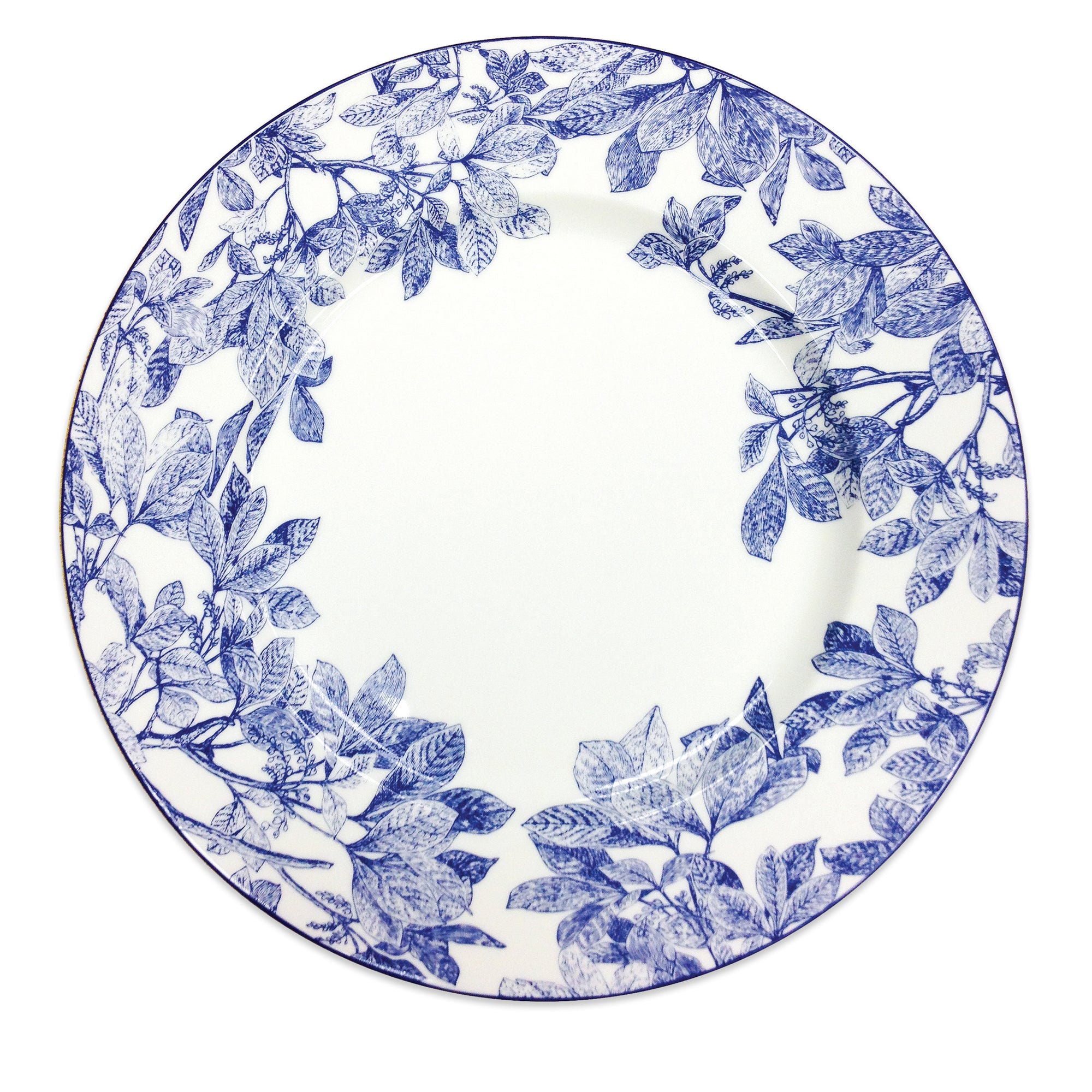 A white ceramic plate featuring blue floral and leafy botanical details along the rim, the Arbor Rimmed Charger Plate by Caskata Artisanal Home.