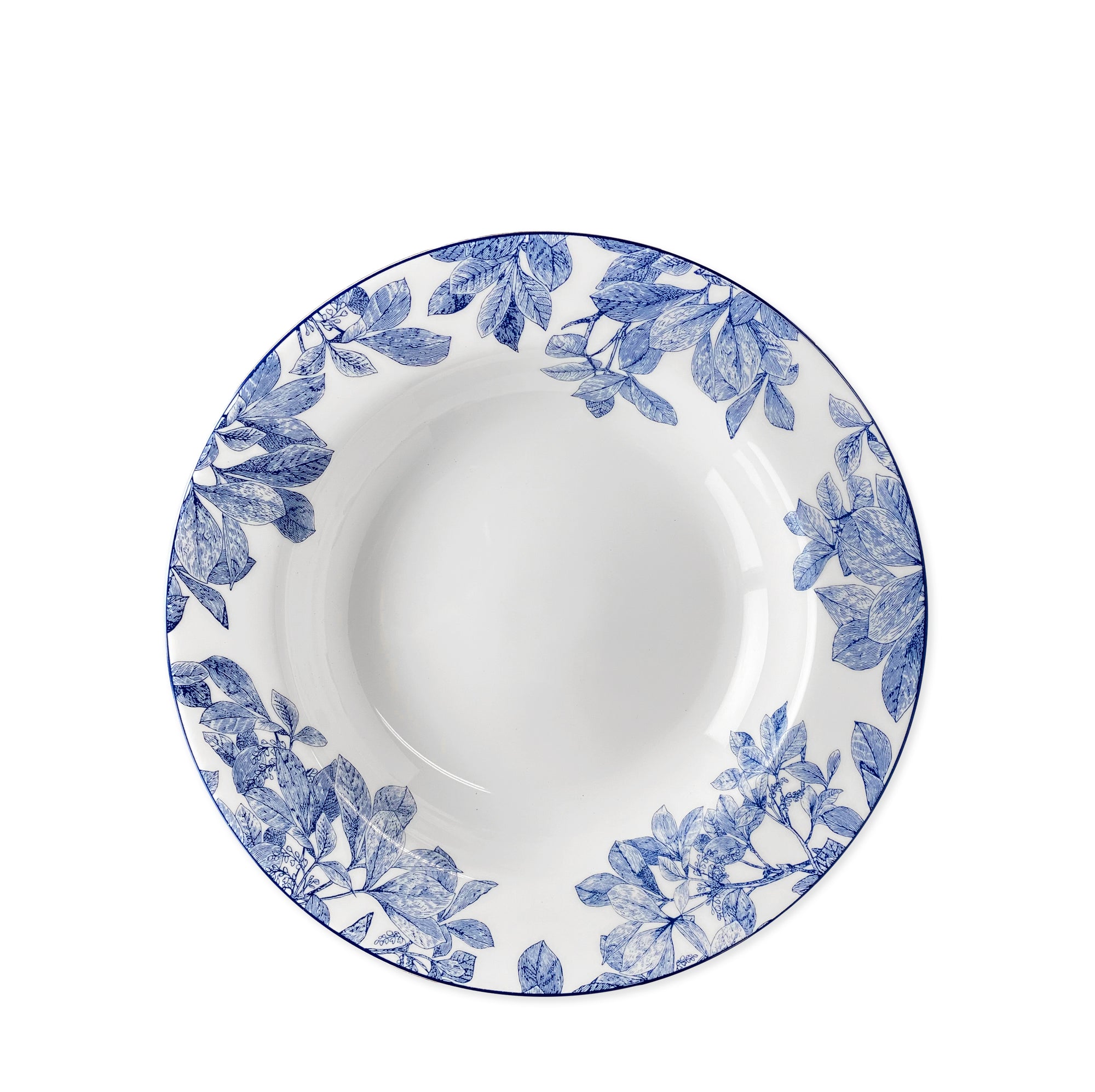 A white high-fire porcelain bowl with blue floral patterns around the rim on a white background, perfect as a classic Arbor Rimmed Soup Bowl by Caskata Artisanal Home and conveniently dishwasher safe.
