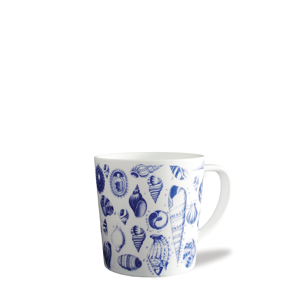 A Caskata Artisanal Home Shells Mug made of high-fired porcelain, featuring blue seashell and ocean-themed designs. This white ceramic marvel is also dishwasher safe.