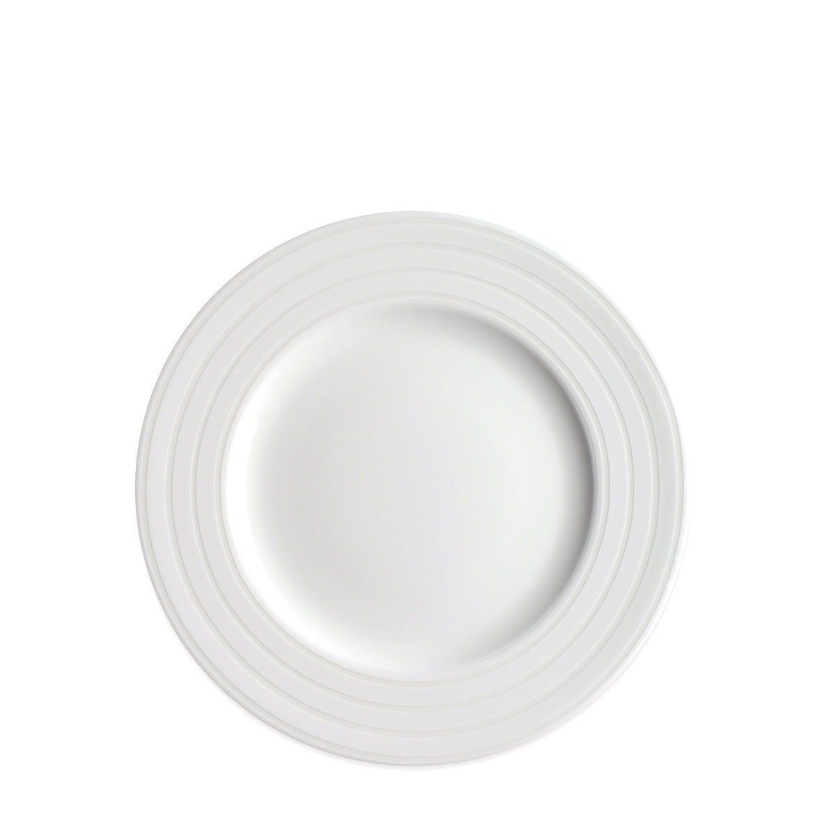 A Cambridge Stripe Rimmed Salad Plate with a slightly raised, grooved rim and a smooth center is crafted from high-fired porcelain for durability and elegance by Caskata Artisanal Home.