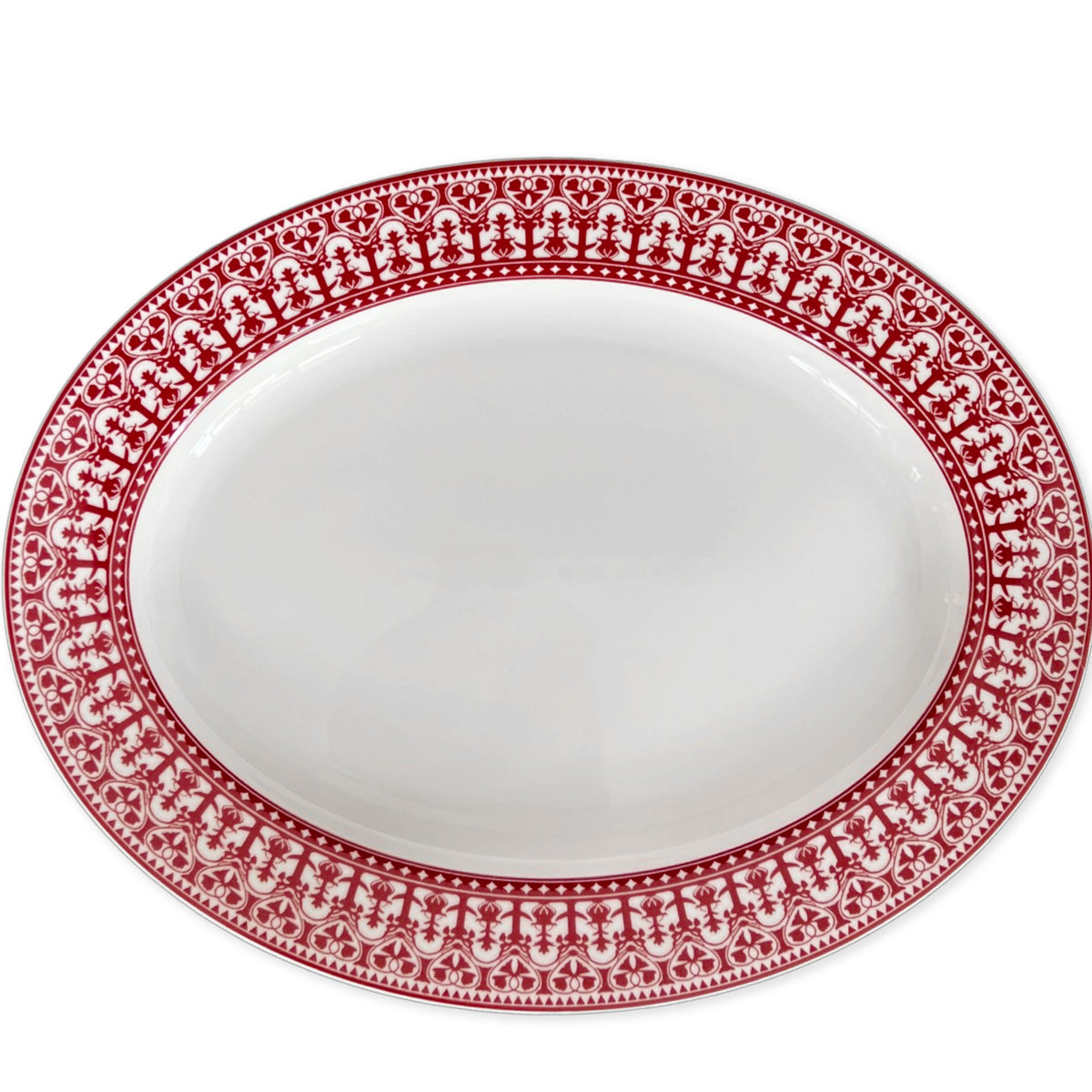 An empty white Casablanca Crimson Oval Rimmed Platter by Caskata Artisanal Home featuring an intricate red decorative border pattern, perfect for adding a touch of elegance to your dinnerware collection.