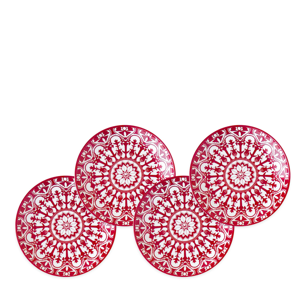 Four round plates with intricate red and white floral patterns, reminiscent of heirloom-quality **Caskata Artisanal Home&#39;s Casablanca Crimson Small Plates**, are arranged together.