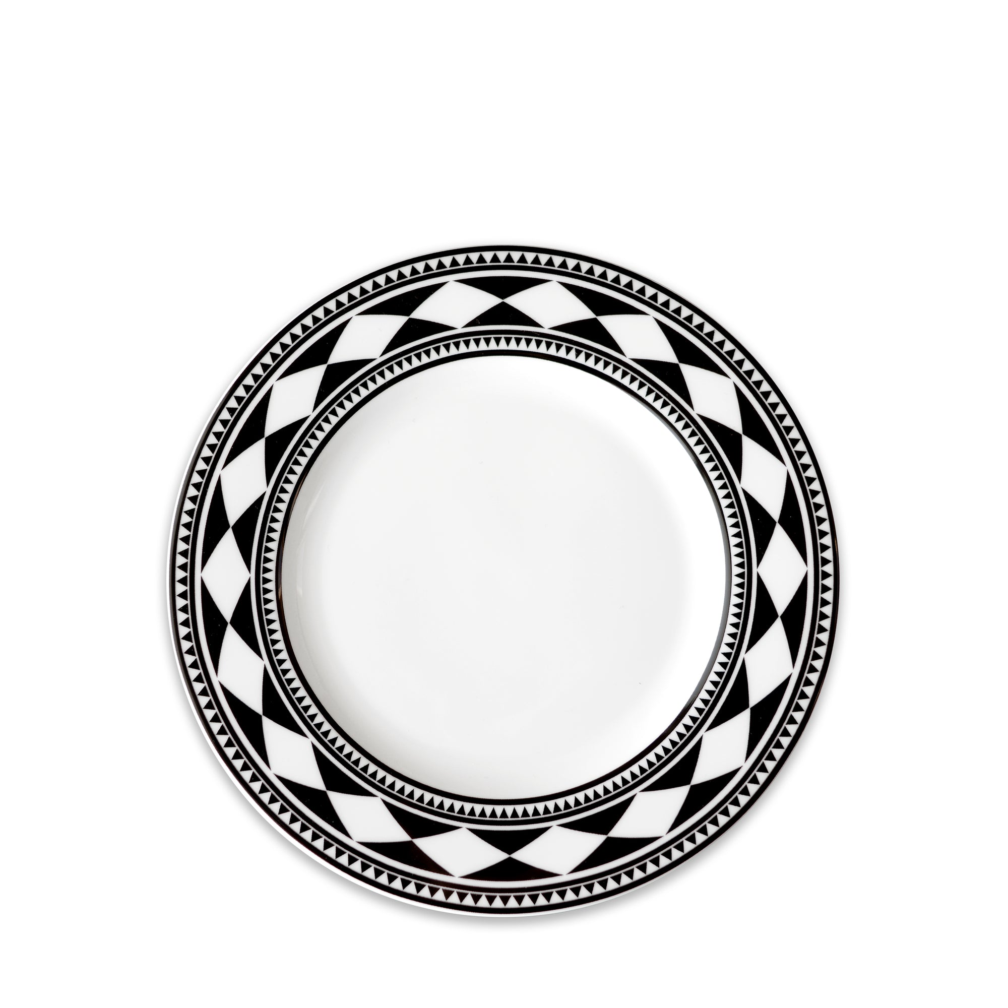 A white ceramic Fez Rimmed Salad Plate by Caskata Artisanal Home features a black geometric pattern around its rim, combining triangular and zigzag motifs for a bold geometrics effect that exudes a sophisticated global feel.