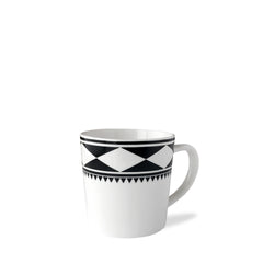Fez Mug by Caskata Artisanal Home made of high-fired porcelain with black geometric patterns including diamonds and triangles near the rim. Dishwasher and microwave safe.