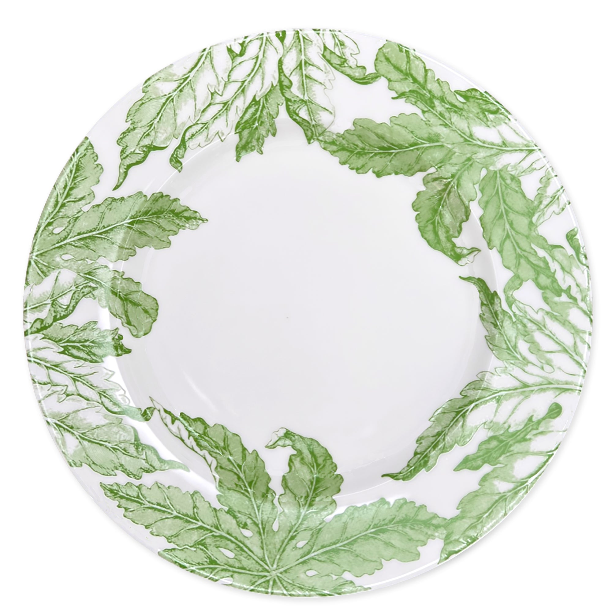 A white ceramic plate featuring green leafy designs around the rim brings to mind a Freya Rimmed Charger Plate by Caskata Artisanal Home worthy of the goddess of love.