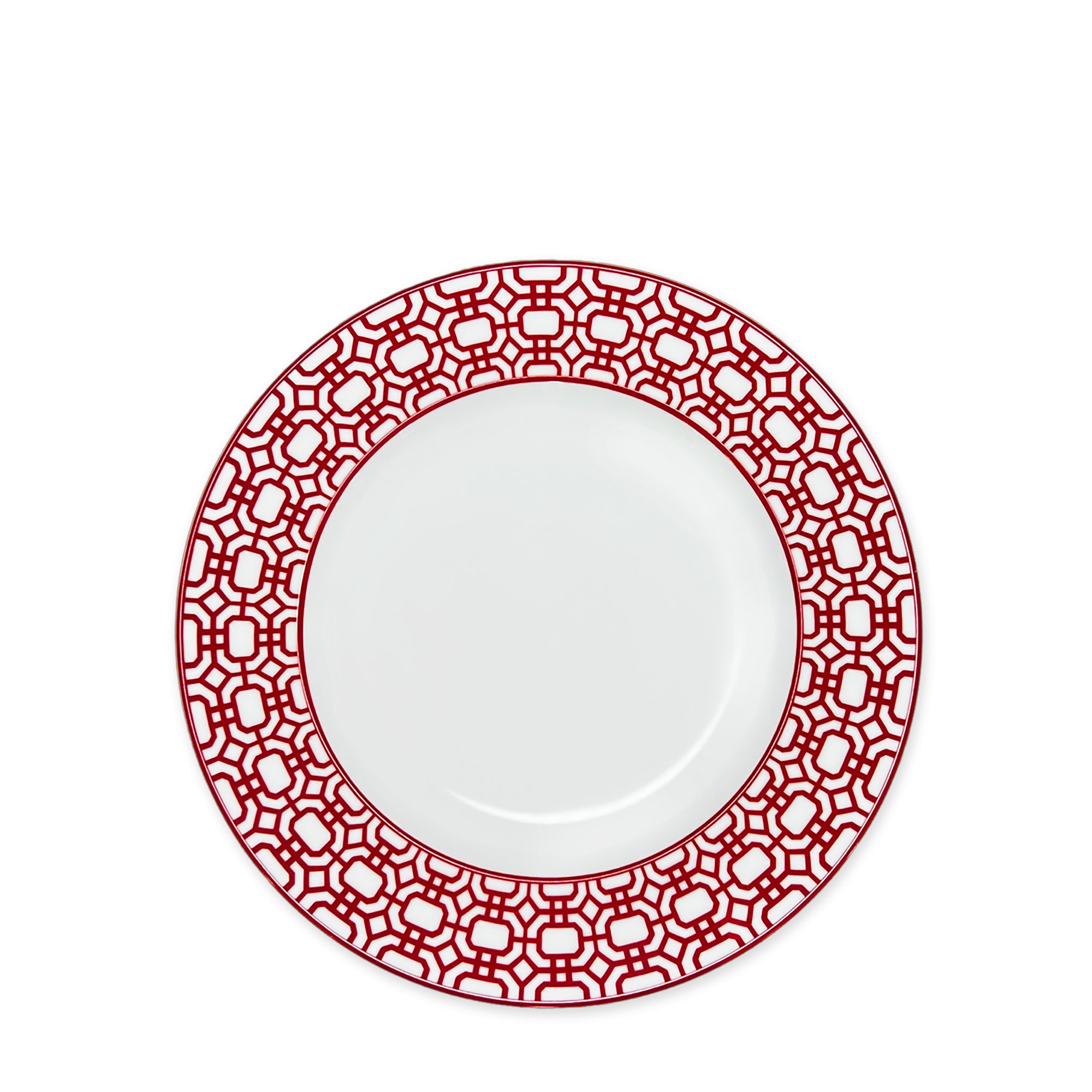 A Newport Garden Gate Crimson Rimmed Salad Plate, part of the Caskata Artisanal Home collection, crafted from premium porcelain.