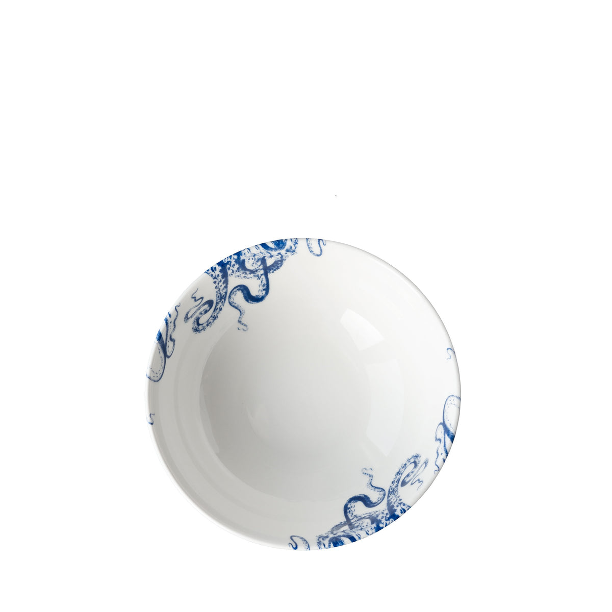 A premium porcelain cereal bowl featuring delightful blue illustrations of Lucy the octopus around the inner rim is called the Lucy Cereal Bowl by Caskata.