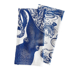 Two white cotton tea towels with blue octopus prints, featuring detailed tentacle designs, make perfect kitchen companions. Introducing the Lucy Kitchen Towels, Set of 2 by Caskata.