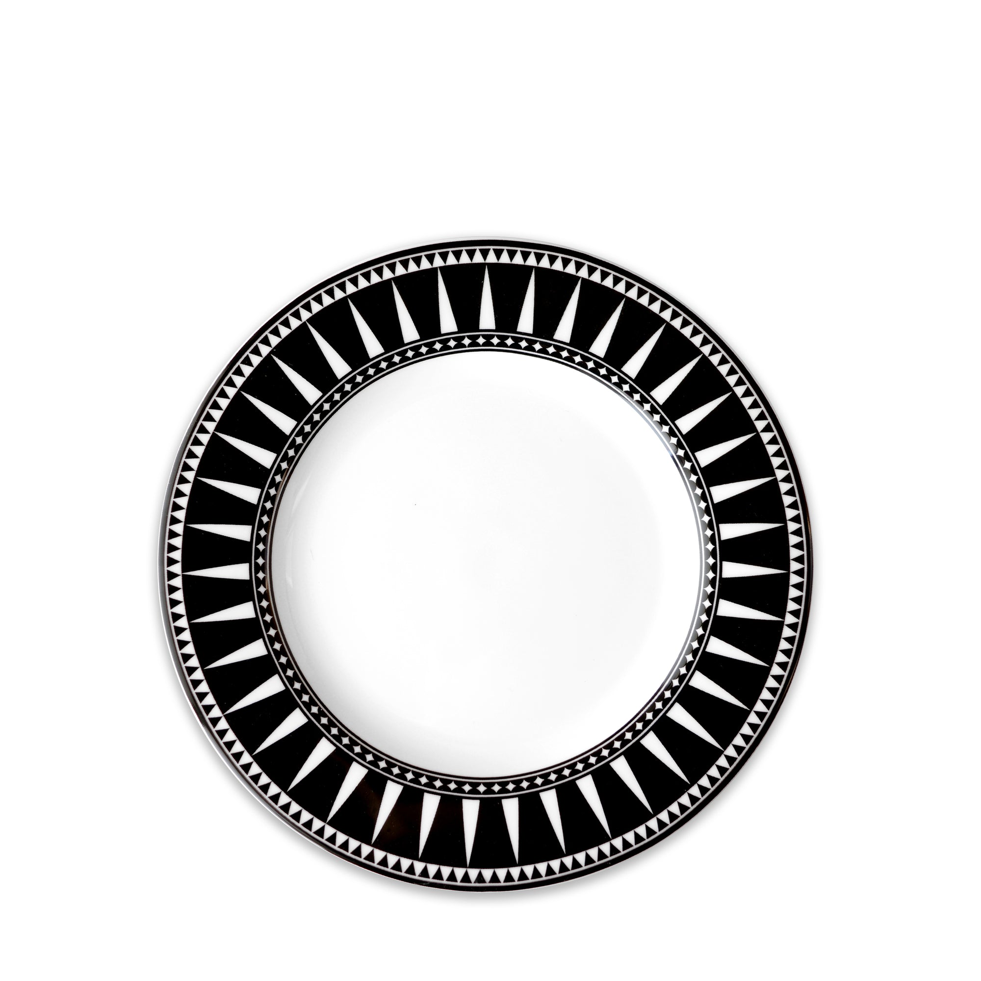 A high-fired porcelain Marrakech Rimmed Salad Plate by Caskata Artisanal Home, adorned with a decorative black geometric pattern around the rim, featuring alternating triangles and small dot details.