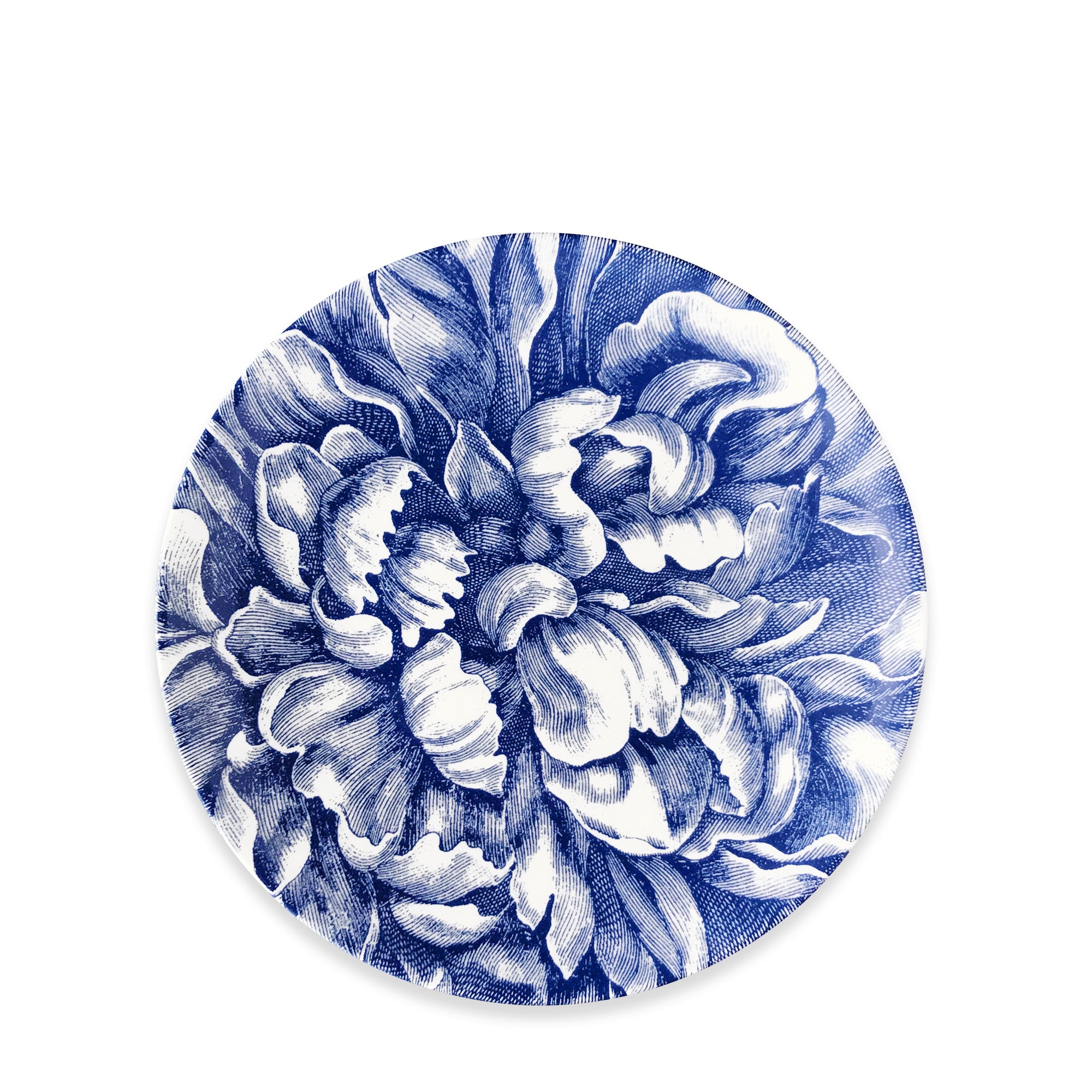 Round porcelain plate featuring a detailed blue floral design on a white background: Peony Coupe Salad Plate by Caskata Artisanal Home.