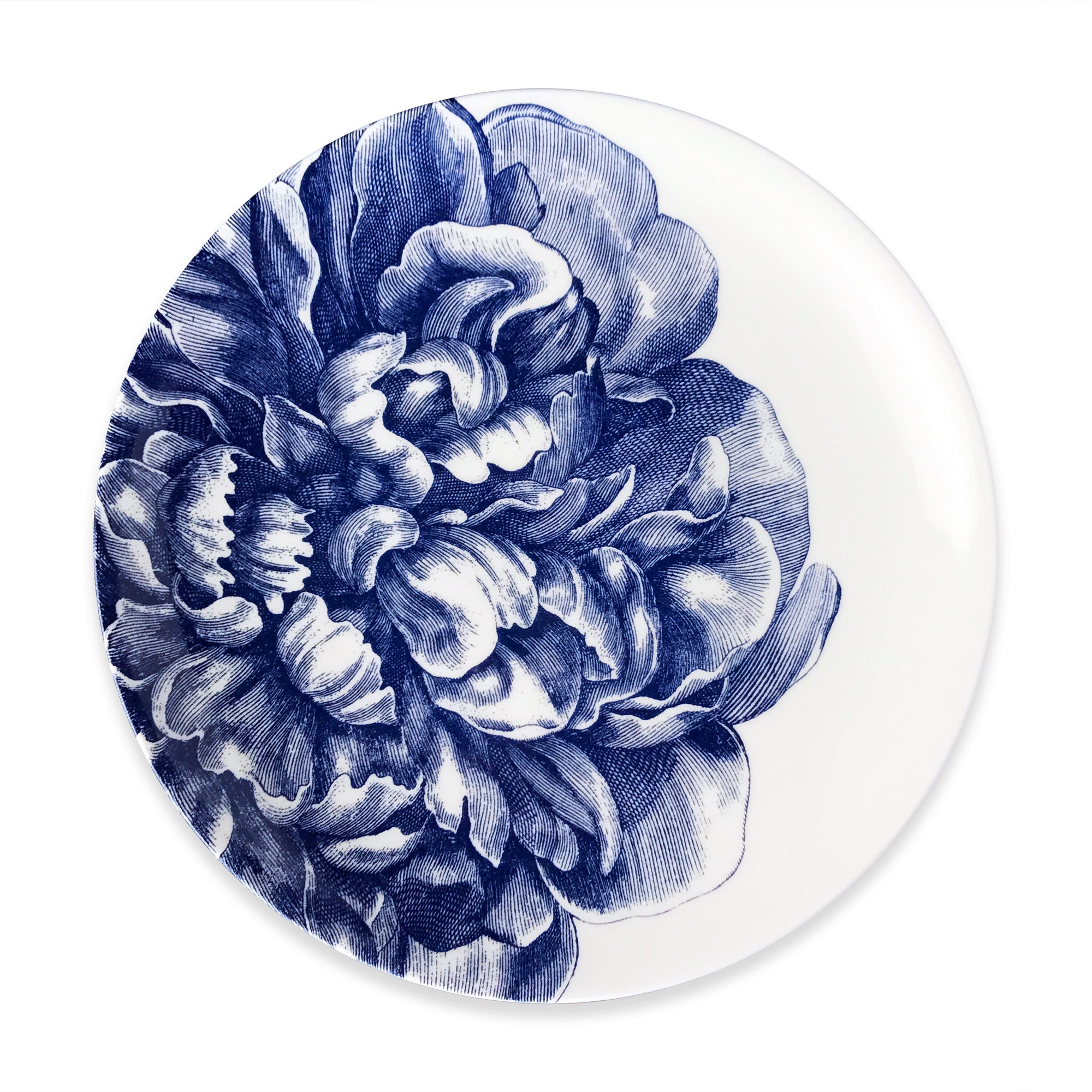 A Peony Coupe Dinner Plate from Caskata Artisanal Home with a detailed blue floral pattern on a white background.