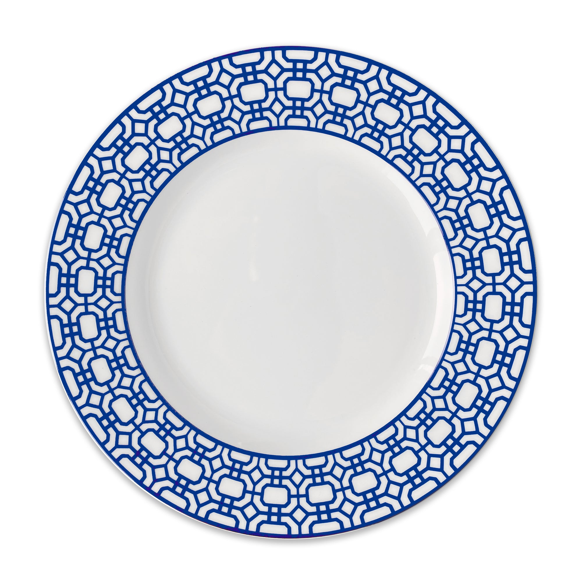 A Newport Garden Gate Rimmed Dinner Plate by Caskata Artisanal Home featuring a geometric blue pattern along the rim, perfect for any contemporary dinnerware or coastal collections.