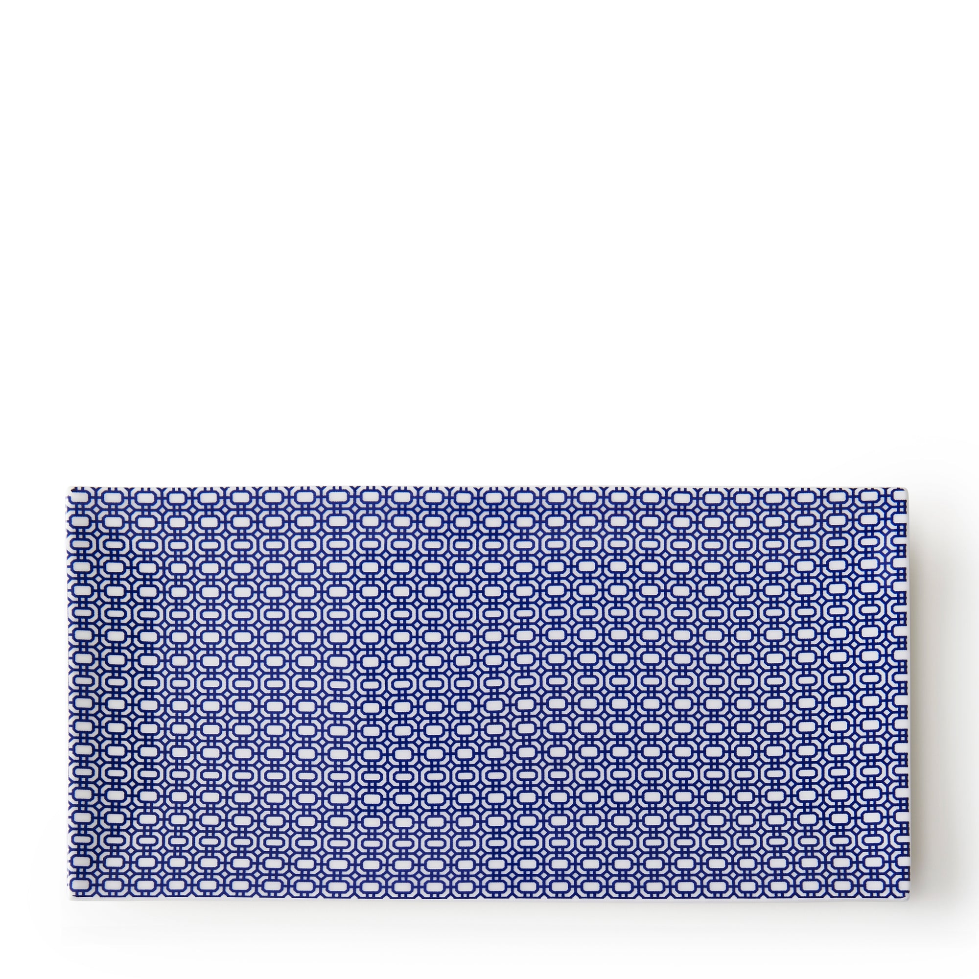 A rectangular tray featuring a repeating geometric pattern in blue and white on a plain white background, crafted from premium porcelain, the Newport Large Sushi Tray by Caskata.