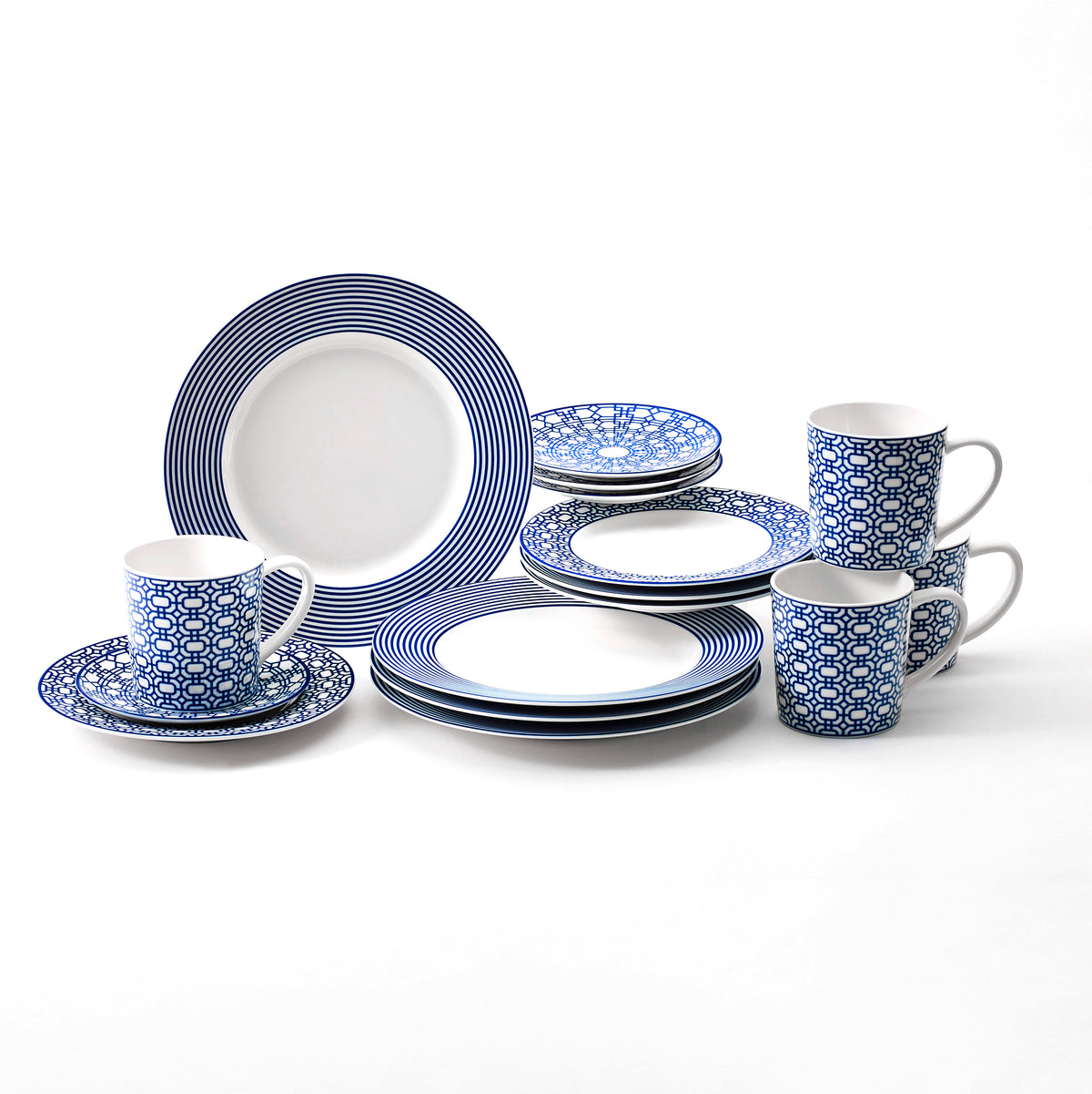 Newport Racing Stripe Geometric blue and white 16 piece dinnerware set in porcelain from Caskata