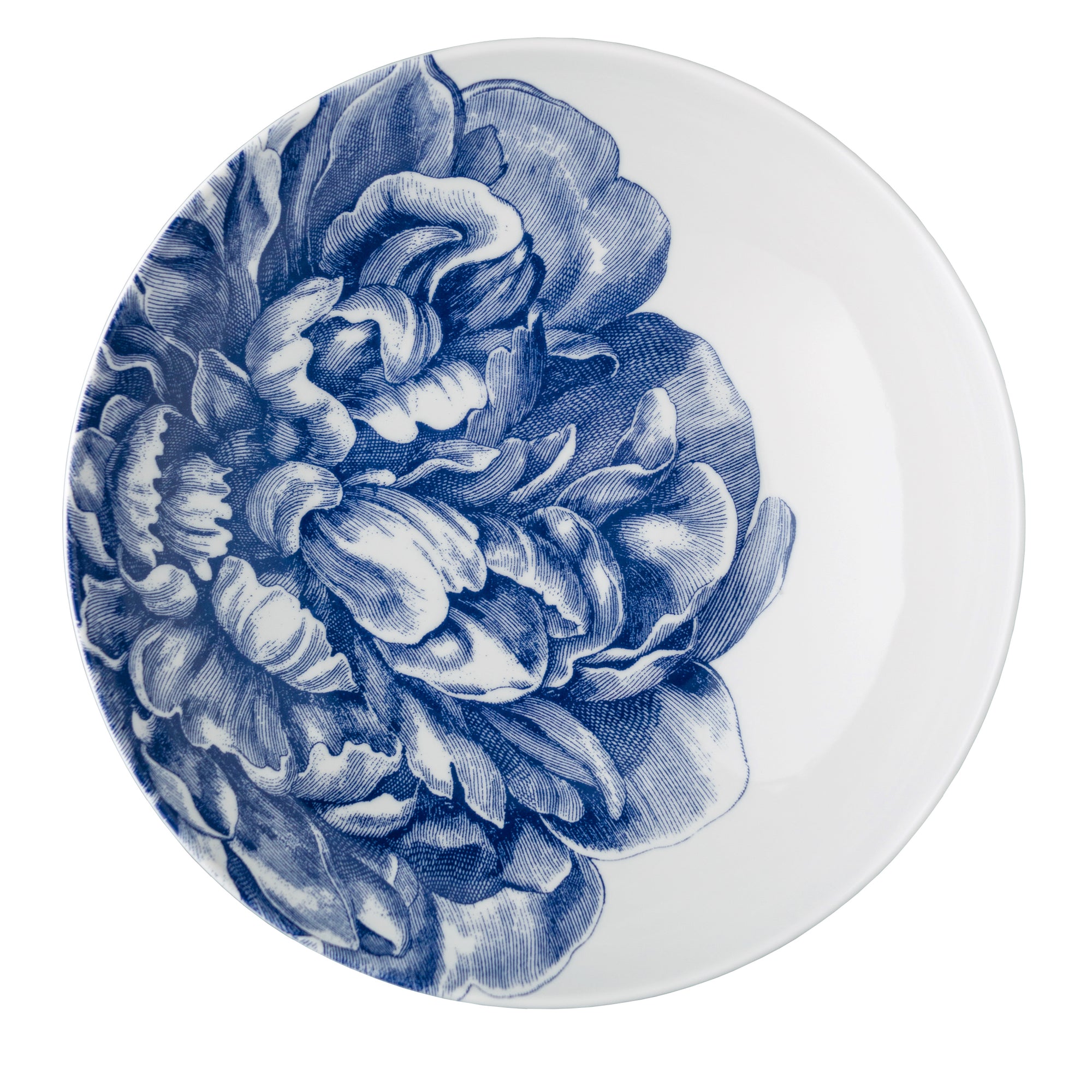 A Caskata Artisanal Home Peony Wide Serving Bowl with a detailed blue floral design on a white background, viewed from above.