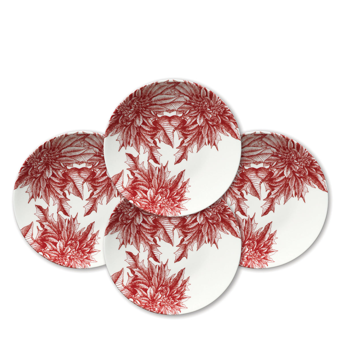 Four Poinsettia Coupe Salad Plates by Caskata Artisanal Home arranged in a clustered formation, each adorned with intricate poinsettia floral patterns on one side, perfect for your holiday table.
