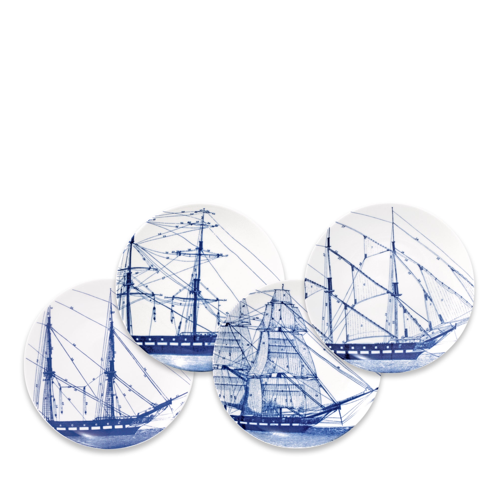 Four Rigging Small Plates from Caskata Artisanal Home featuring a blue and white design of a sailing ship, each piece showcasing vintage illustrations that form a complete image of the vessel, perfect for those who appreciate heirloom-quality dinnerware.