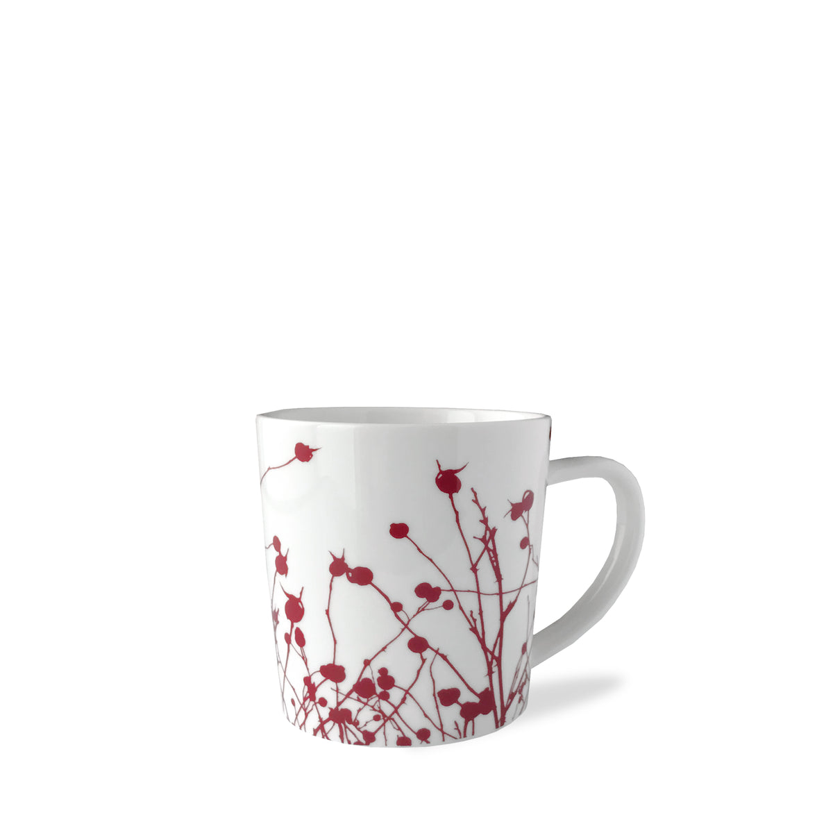 A generously sized, creamy white porcelain Winterberries Mug with a handle, featuring a red silhouette design of winter berries and branches by Caskata Artisanal Home.