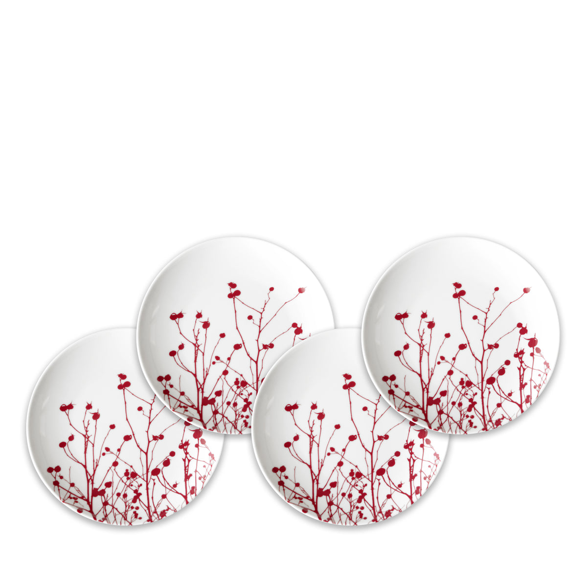 Four **Winterberries Small Plates** by **Caskata Artisanal Home** with a red floral branch design, reminiscent of Winter berries, are arranged in an overlapping pattern.