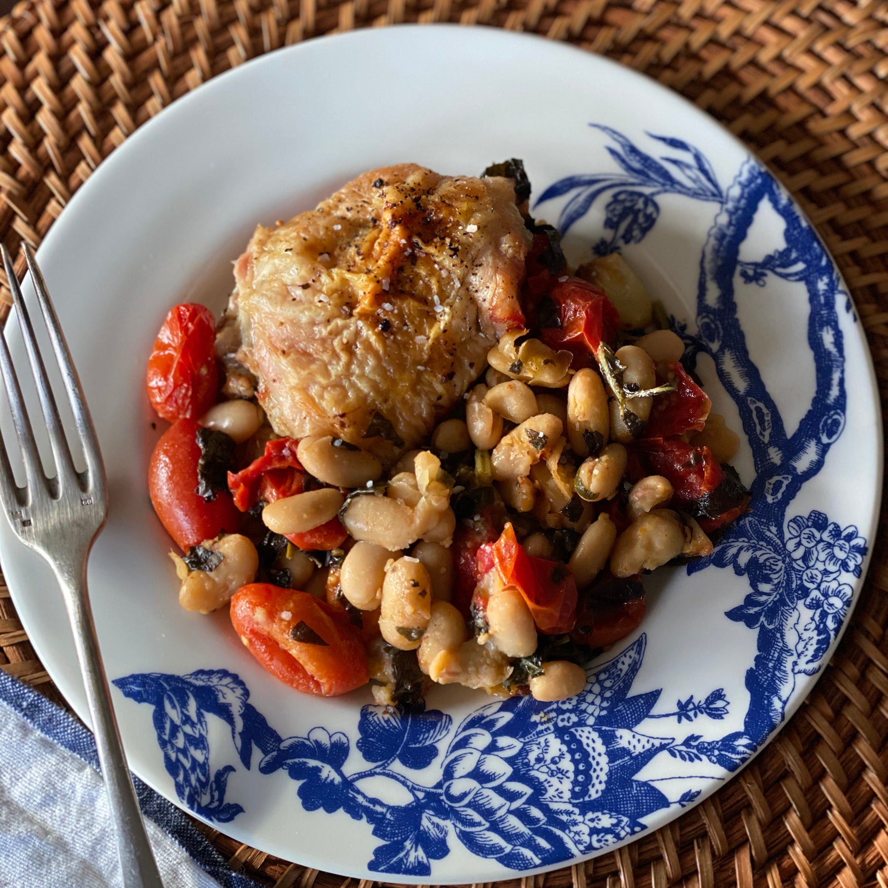Chicken with White Beans and Tomatoes on Caskata Arcadia Dinner Plate