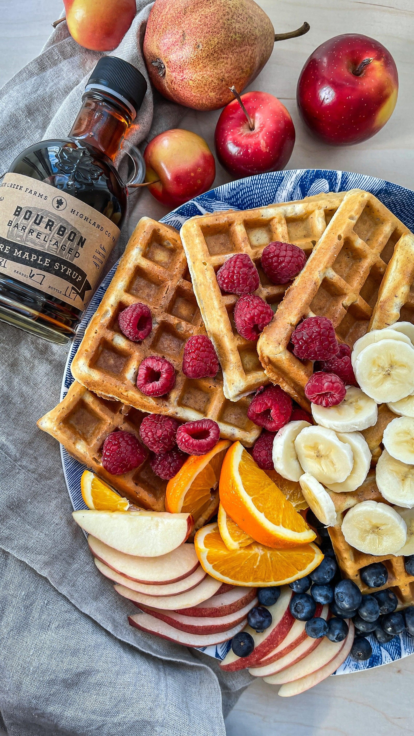 Crispy Waffles recipe with fruits and syrup