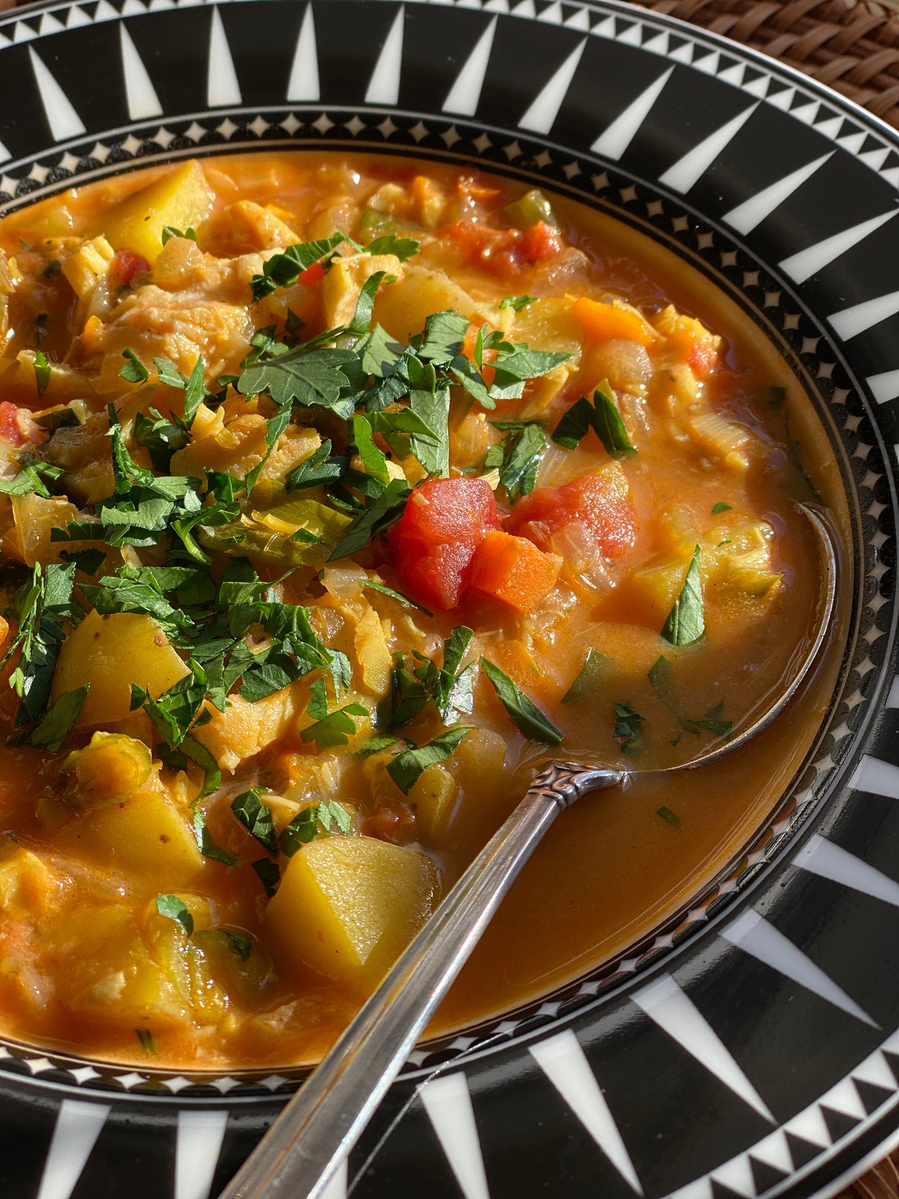 Saffron Seafood Stew Tomato-Based Stew Caskata Marrakech Rimmed Soup Bowl