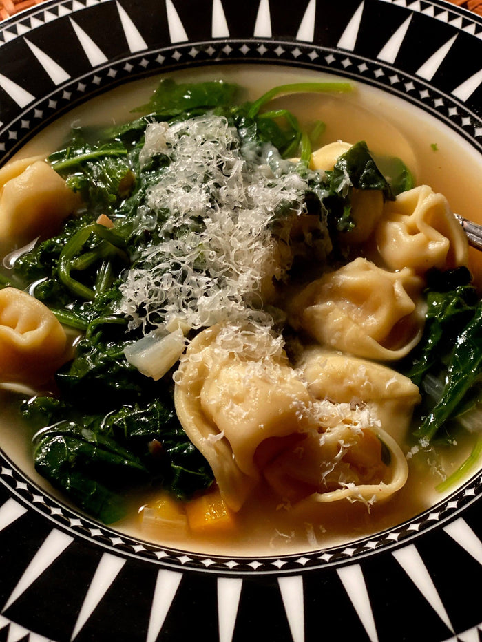 Tortellini in Brodo Soup in broth Caskata Marrakech Rimmed Soup Bowl